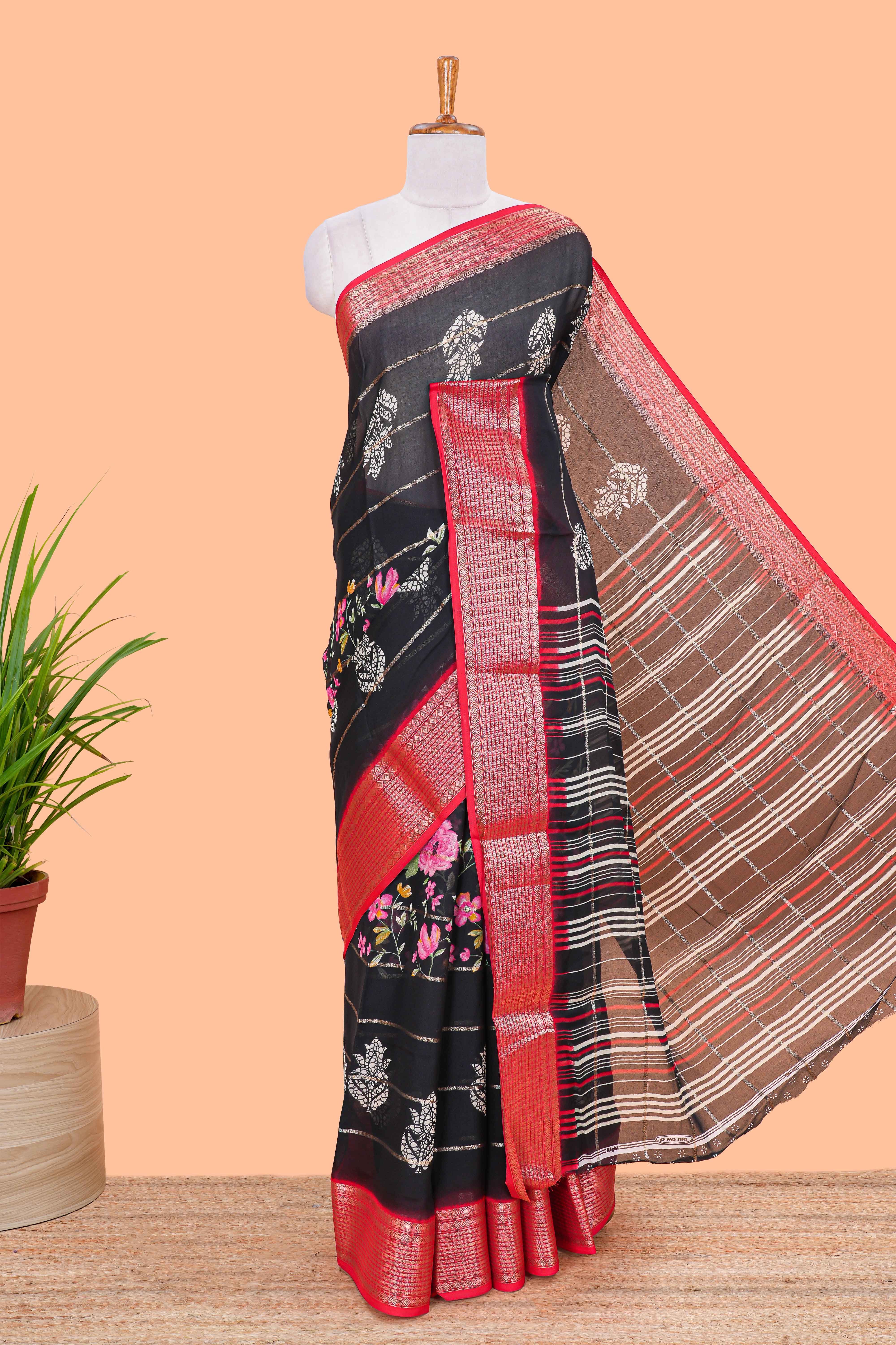Black chiffon georgette striped saree