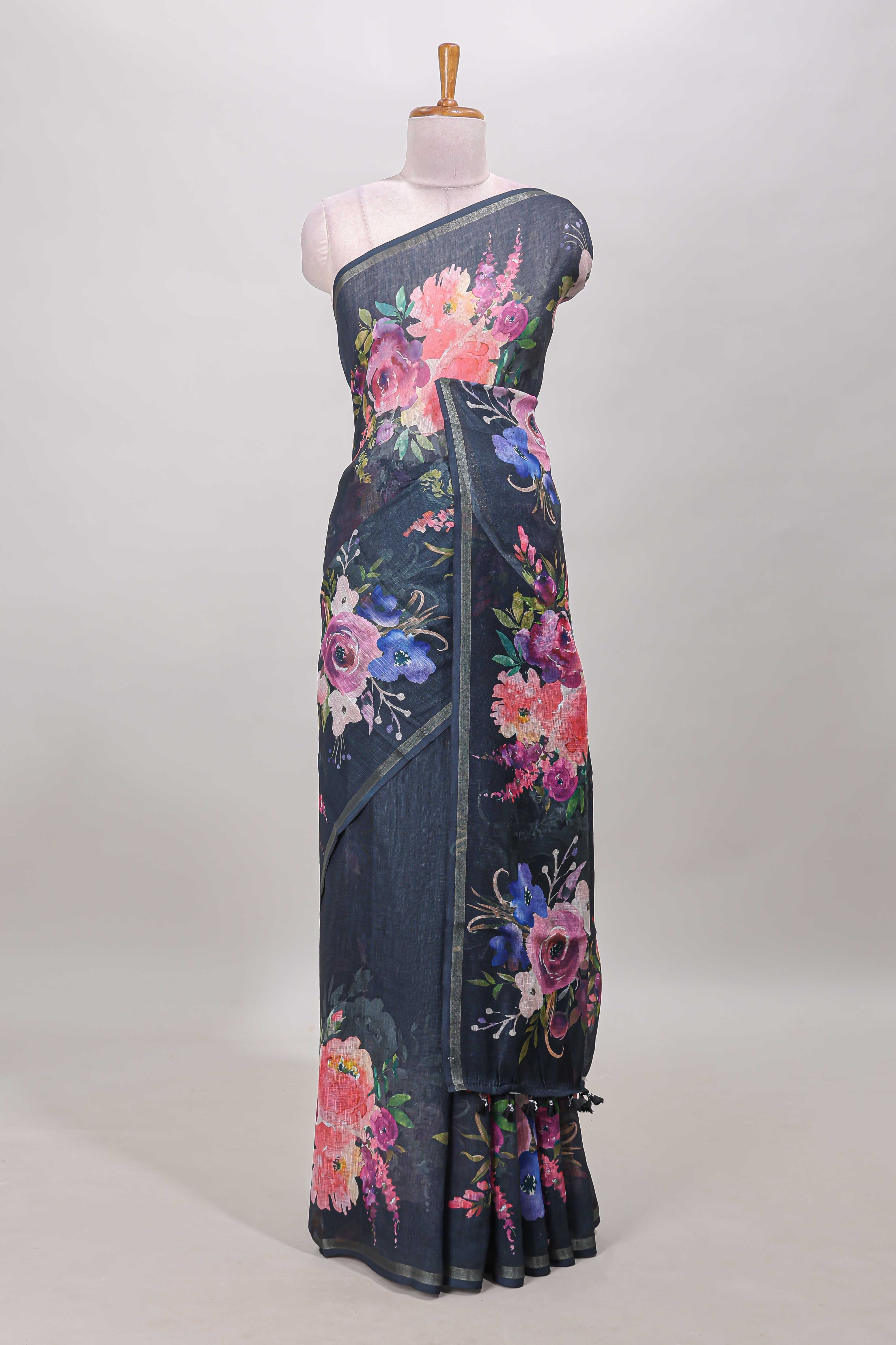 Black cotton linen saree