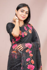 Black festive floral linen saree