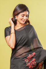 Black floral motifs cotton saree