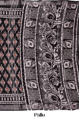 Black ikkat print linen cotton saree