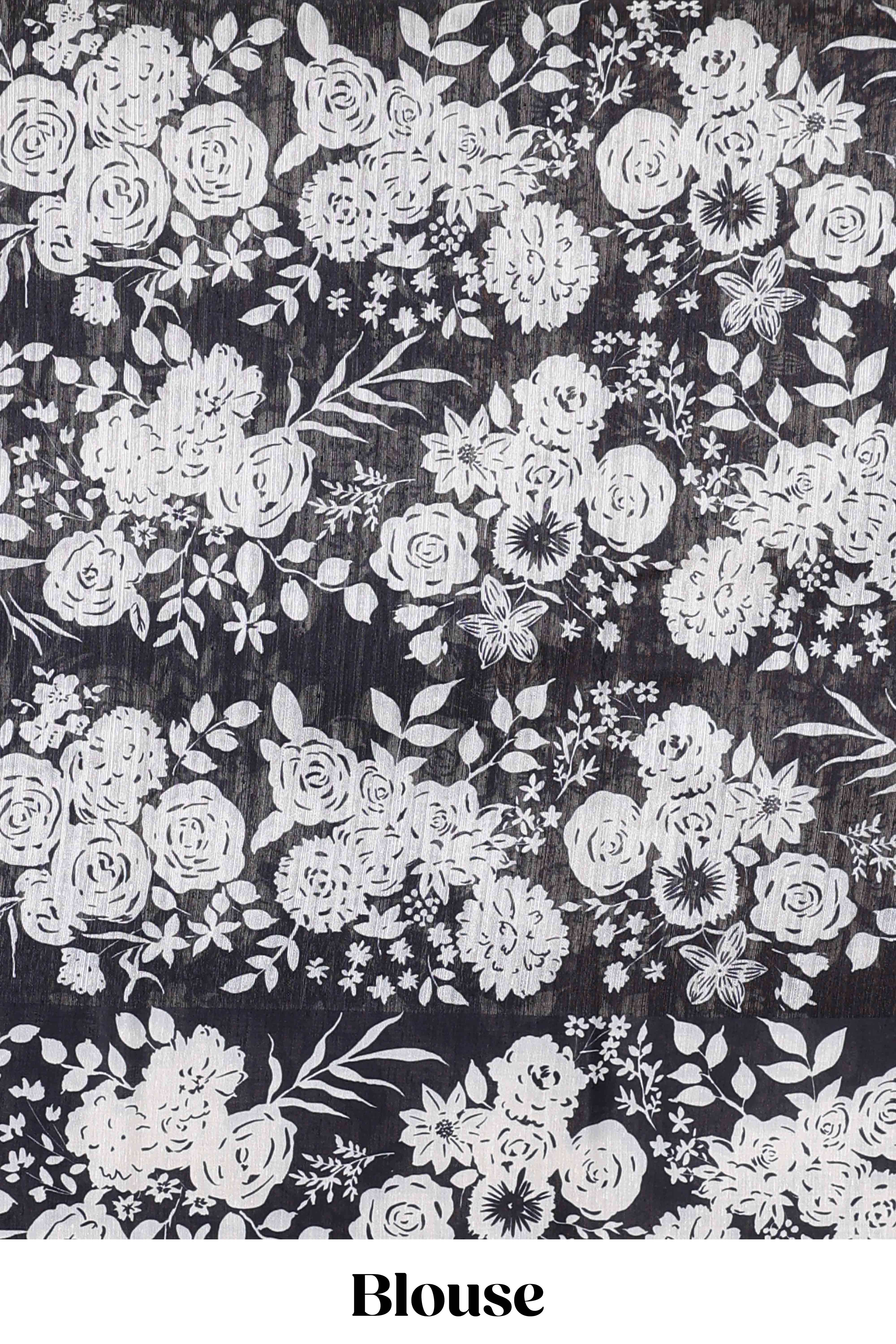 Black woven floral linen saree