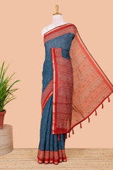 Blue chanderi cotton saree peacock feather mirror work