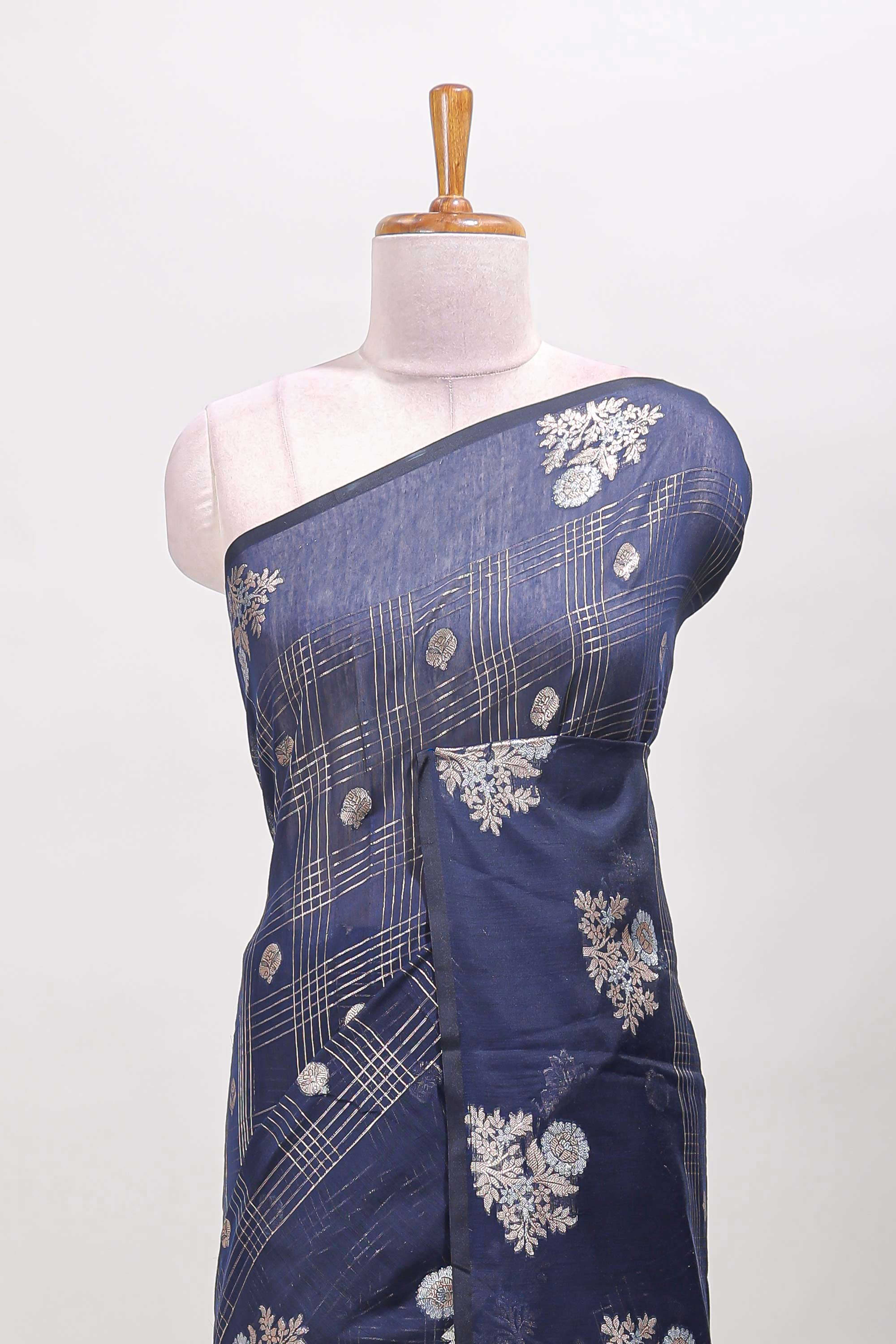 Blue checked chanderi saree zari motifs
