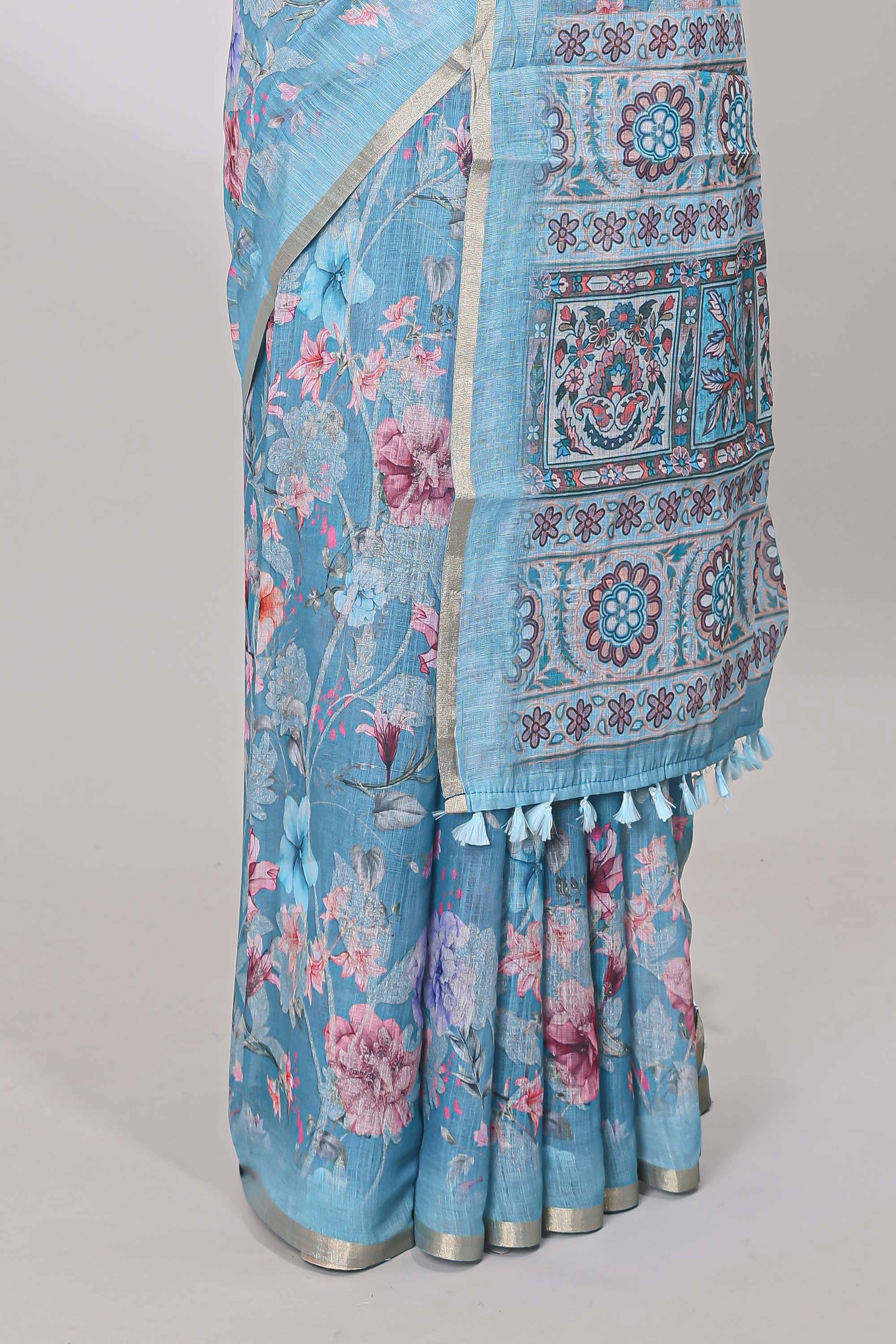 Blue contrast linen cotton saree