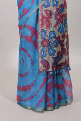 Blue contrast printed pallu saree
