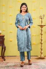Blue embroidered neckline outfit
