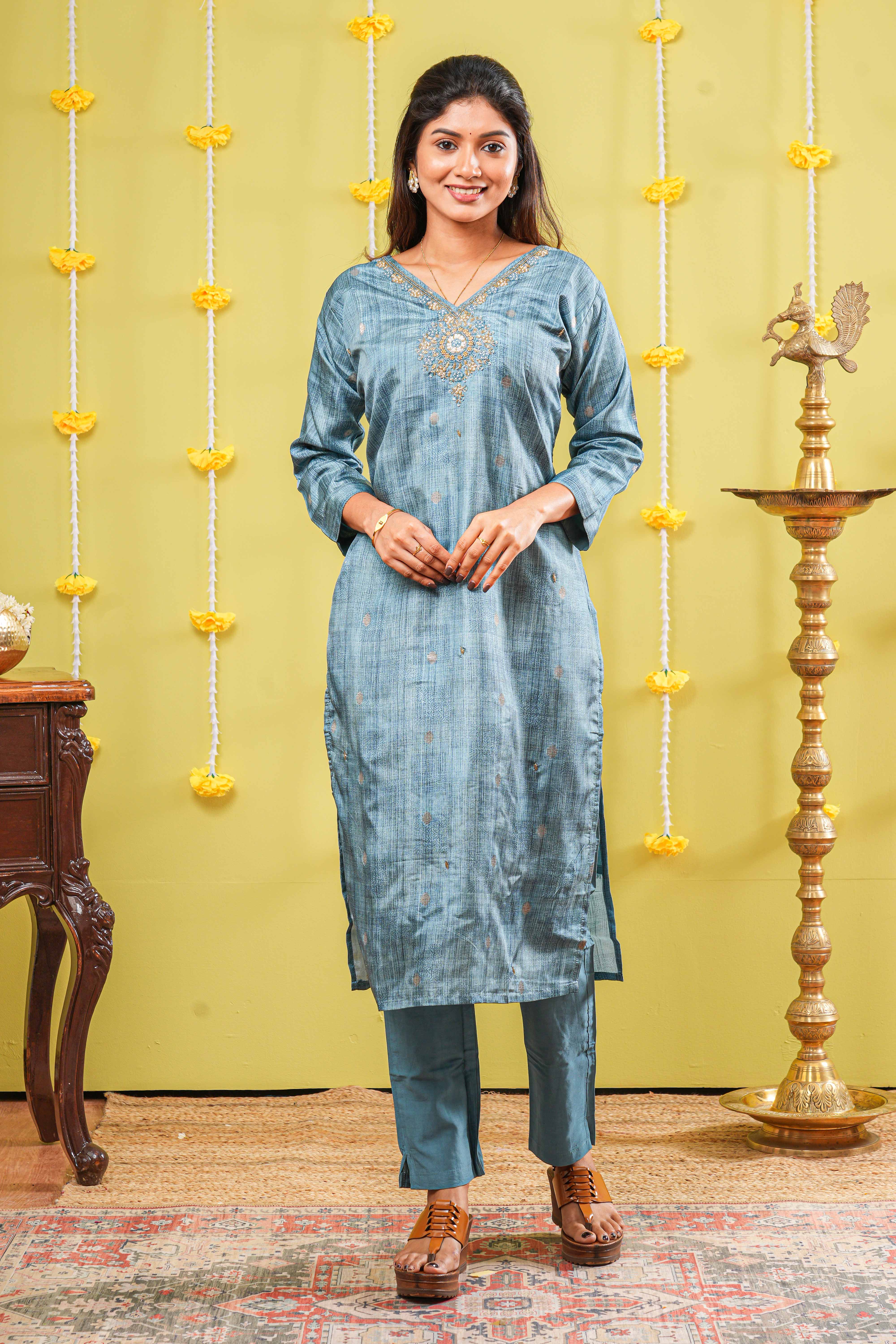 Blue embroidered neckline outfit