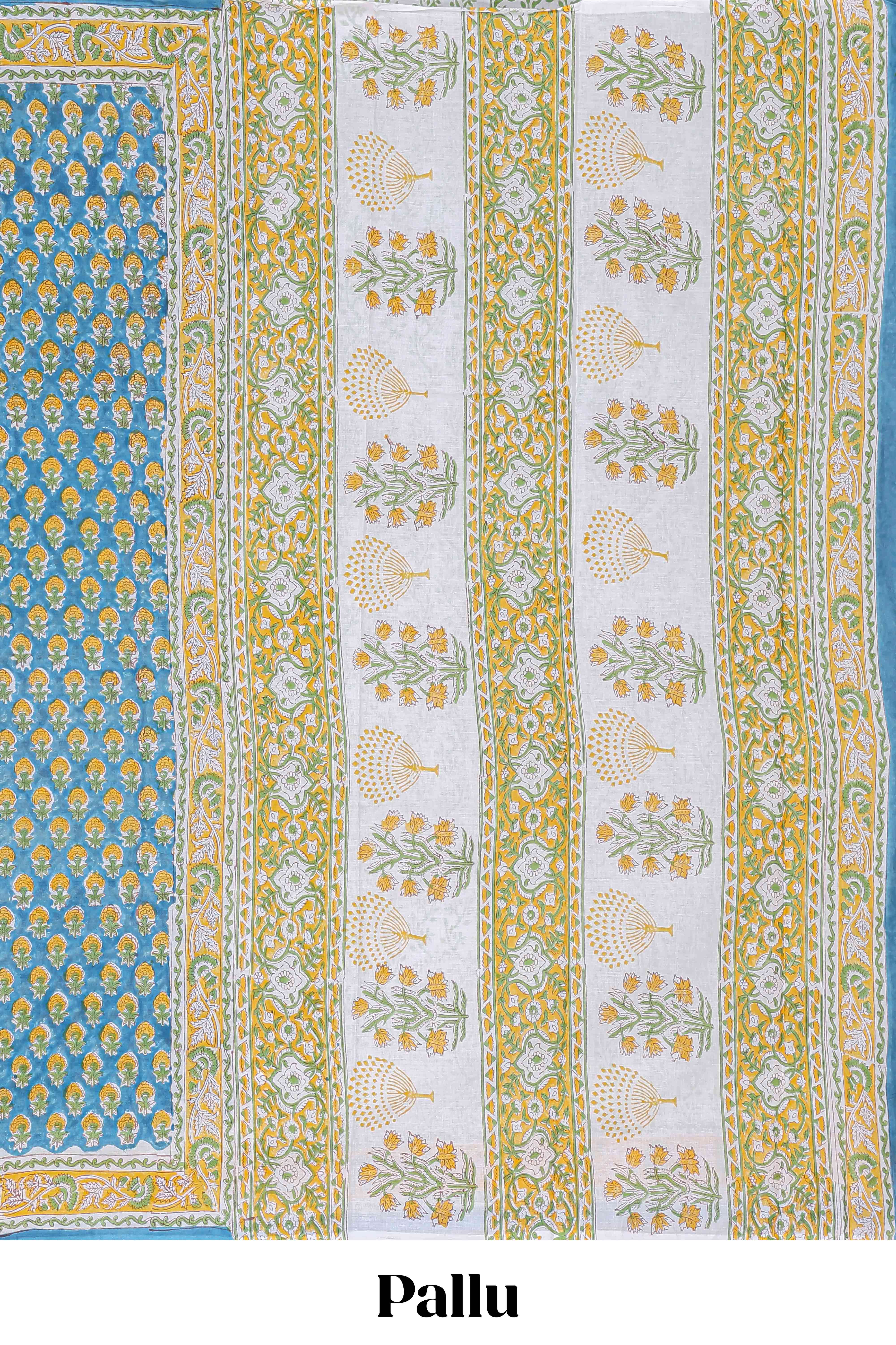 Blue floral print cotton saree