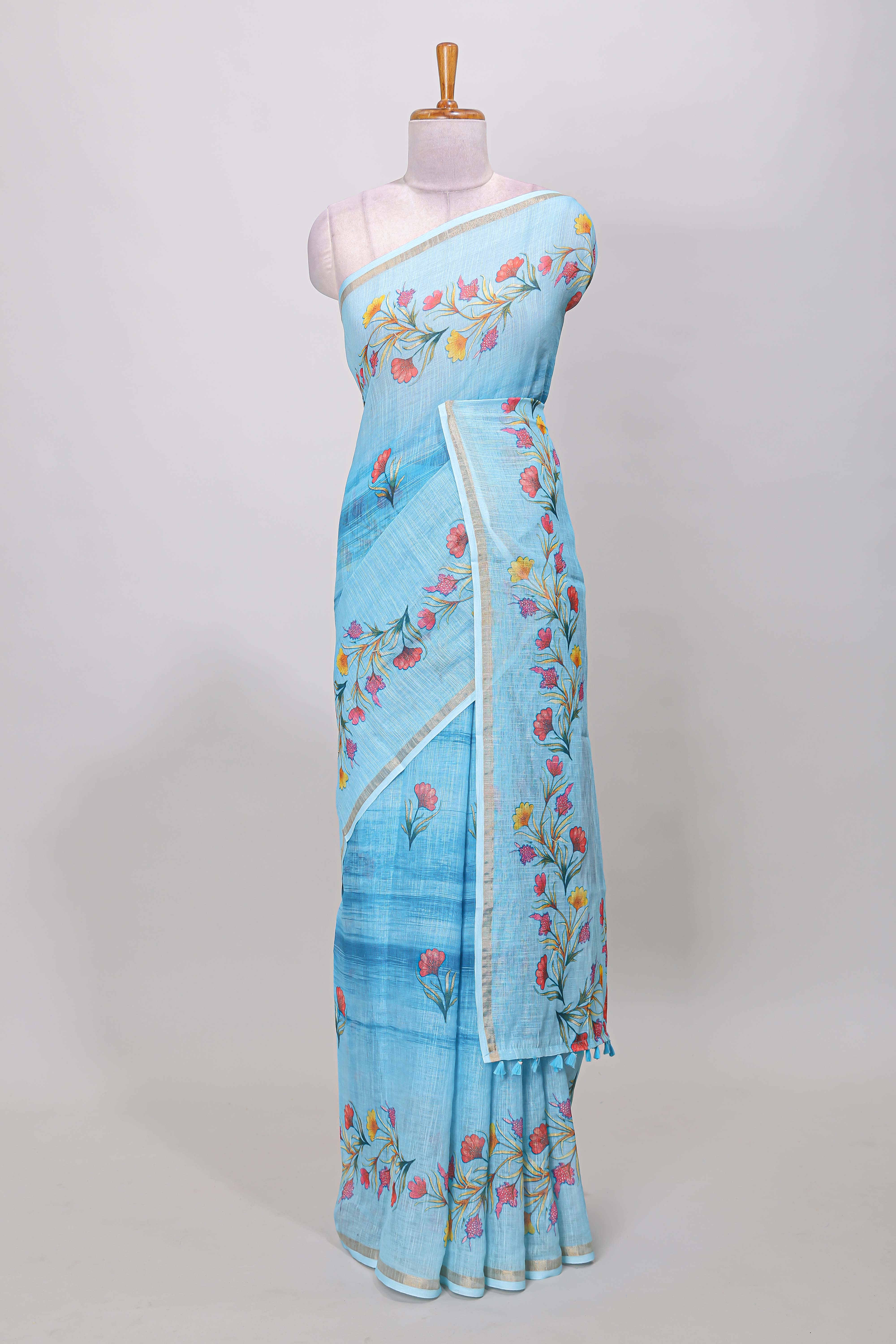Blue floral print linen saree