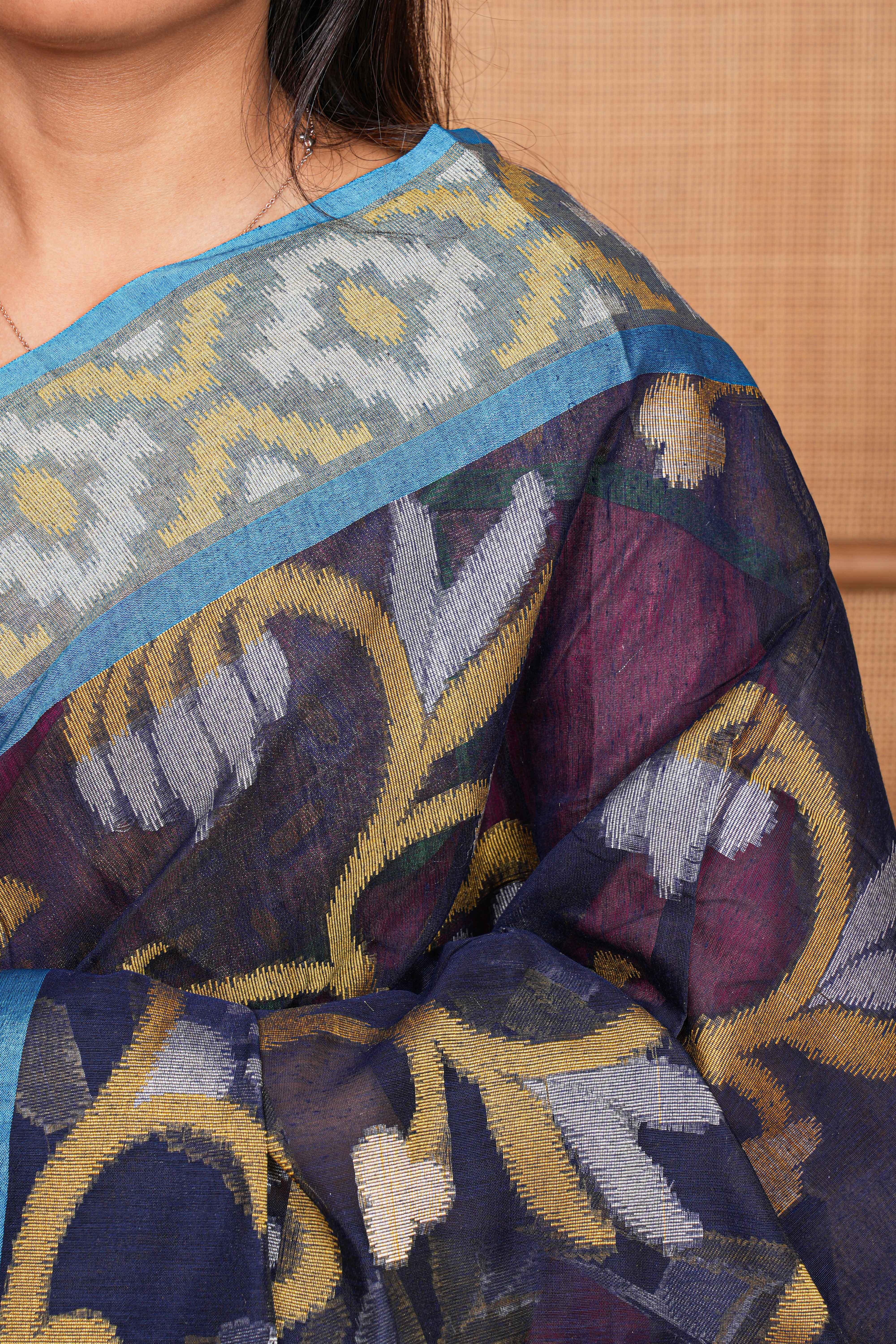 Blue floral print pallu chanderi saree