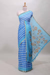 Blue floral striped linen cotton saree