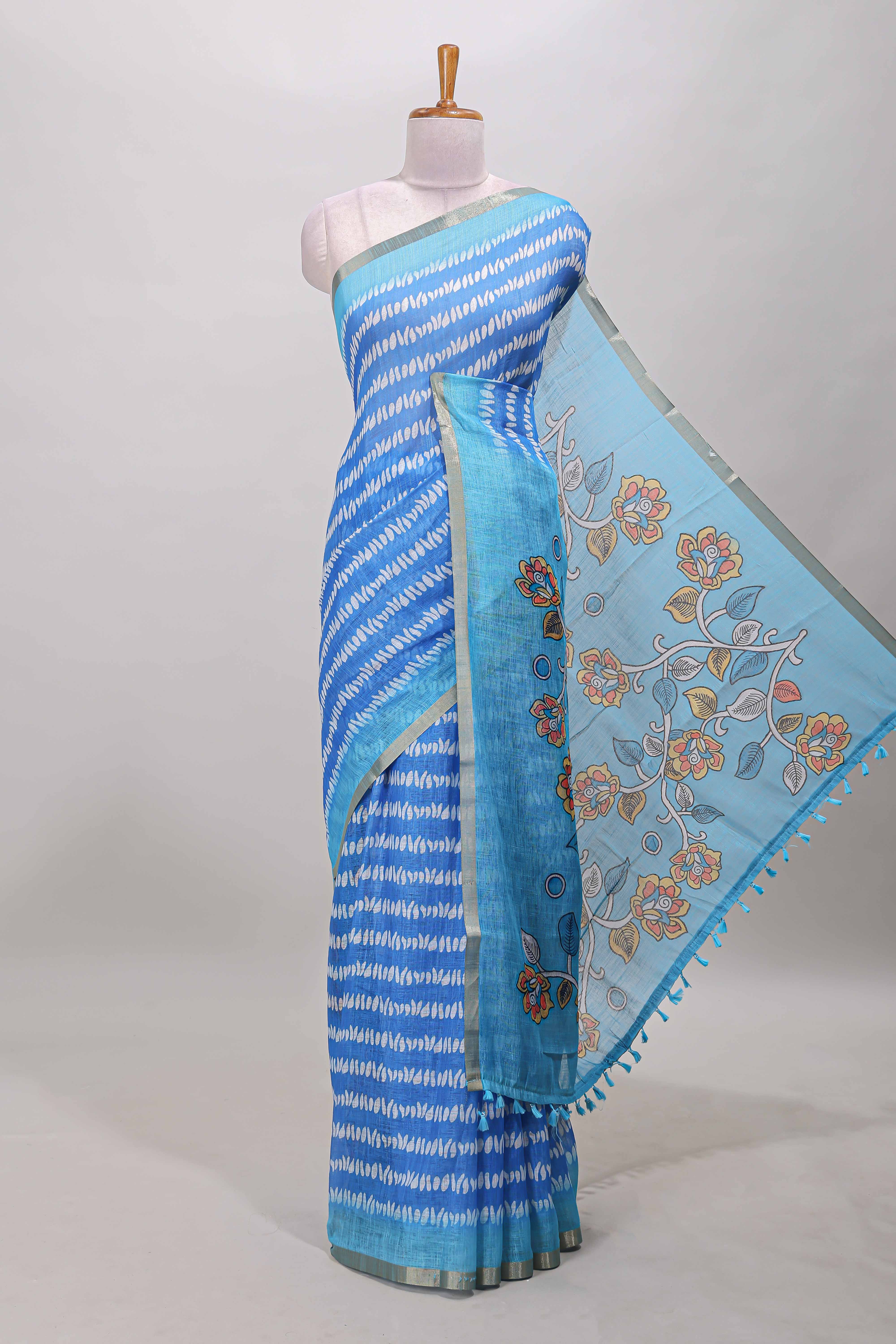 Blue floral striped linen cotton saree