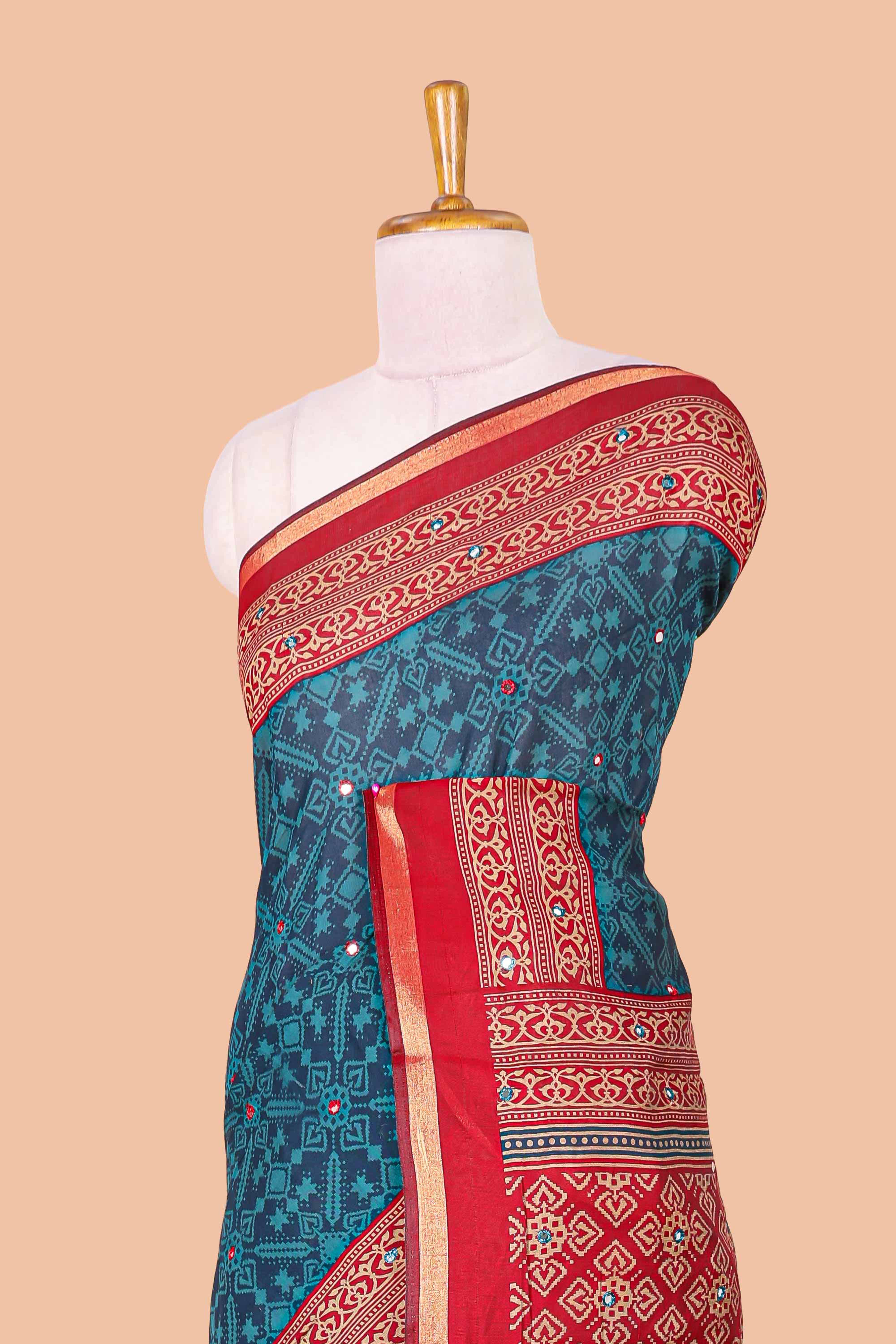 Blue geometric design chanderi saree
