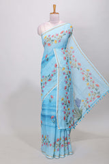 Blue linen cotton floral saree