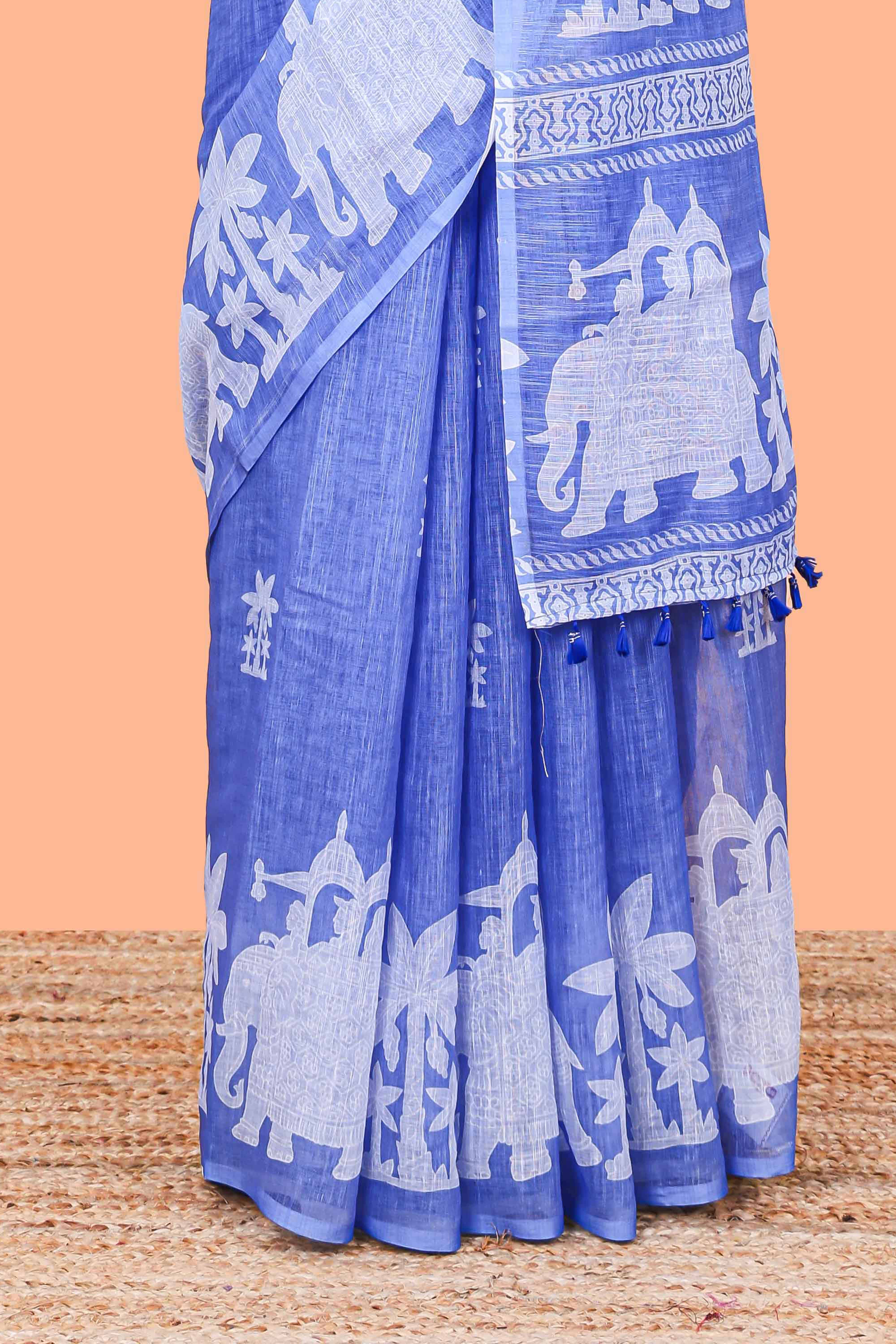 Blue linen cotton saree lightweight design