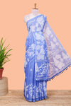 Blue linen cotton saree with floral print