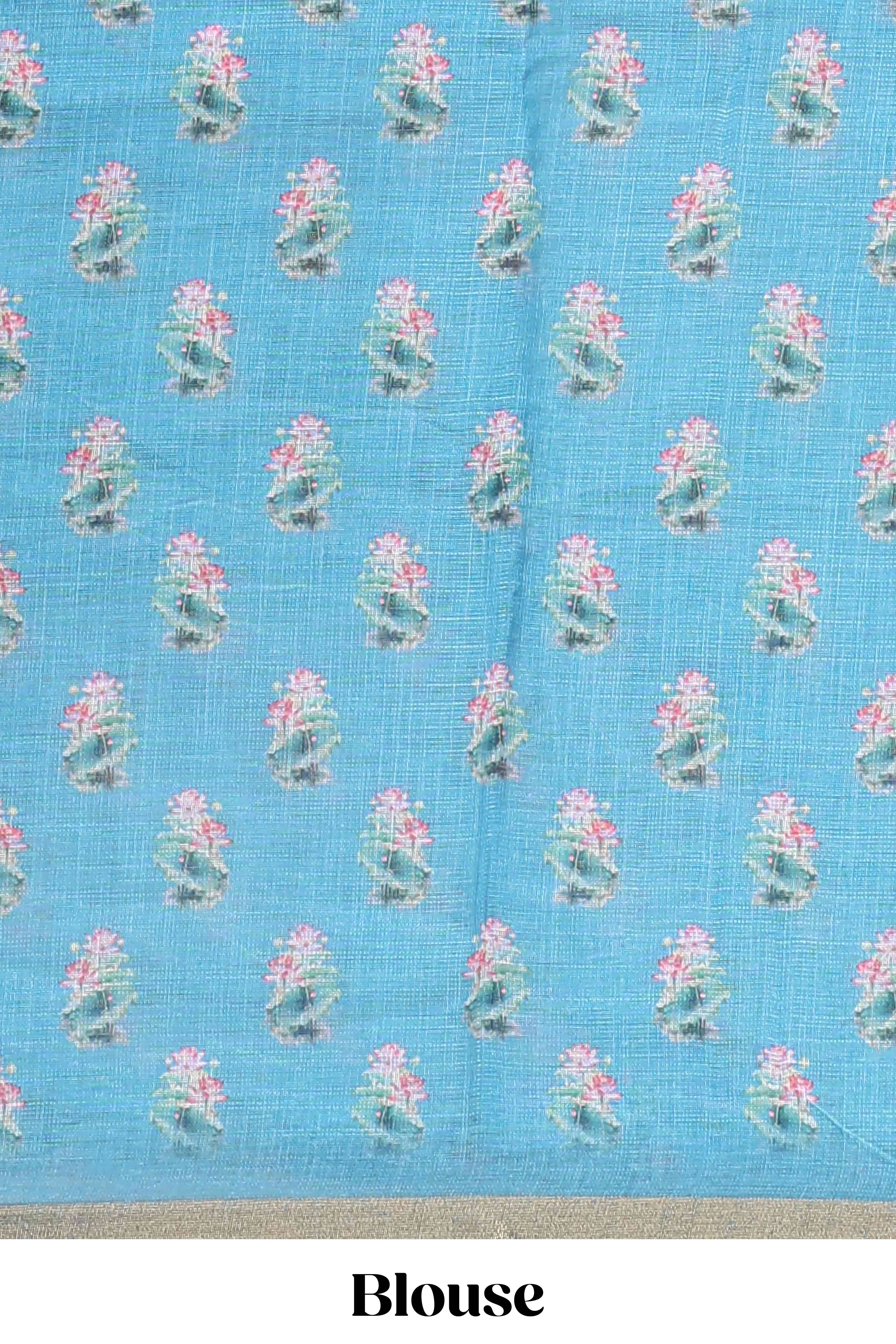 Blue lotus swan design linen saree
