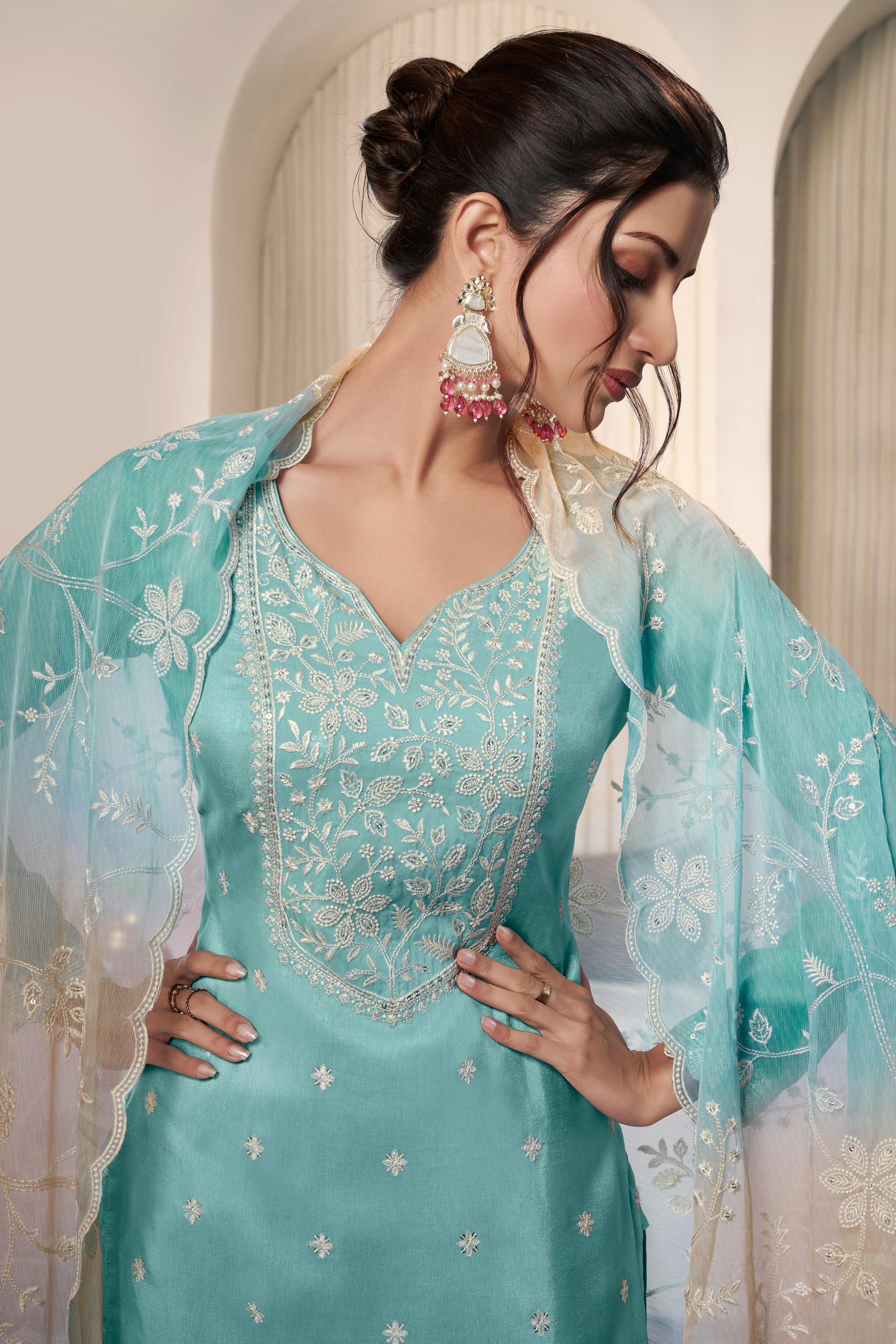 Blue munga silk thread work dress material