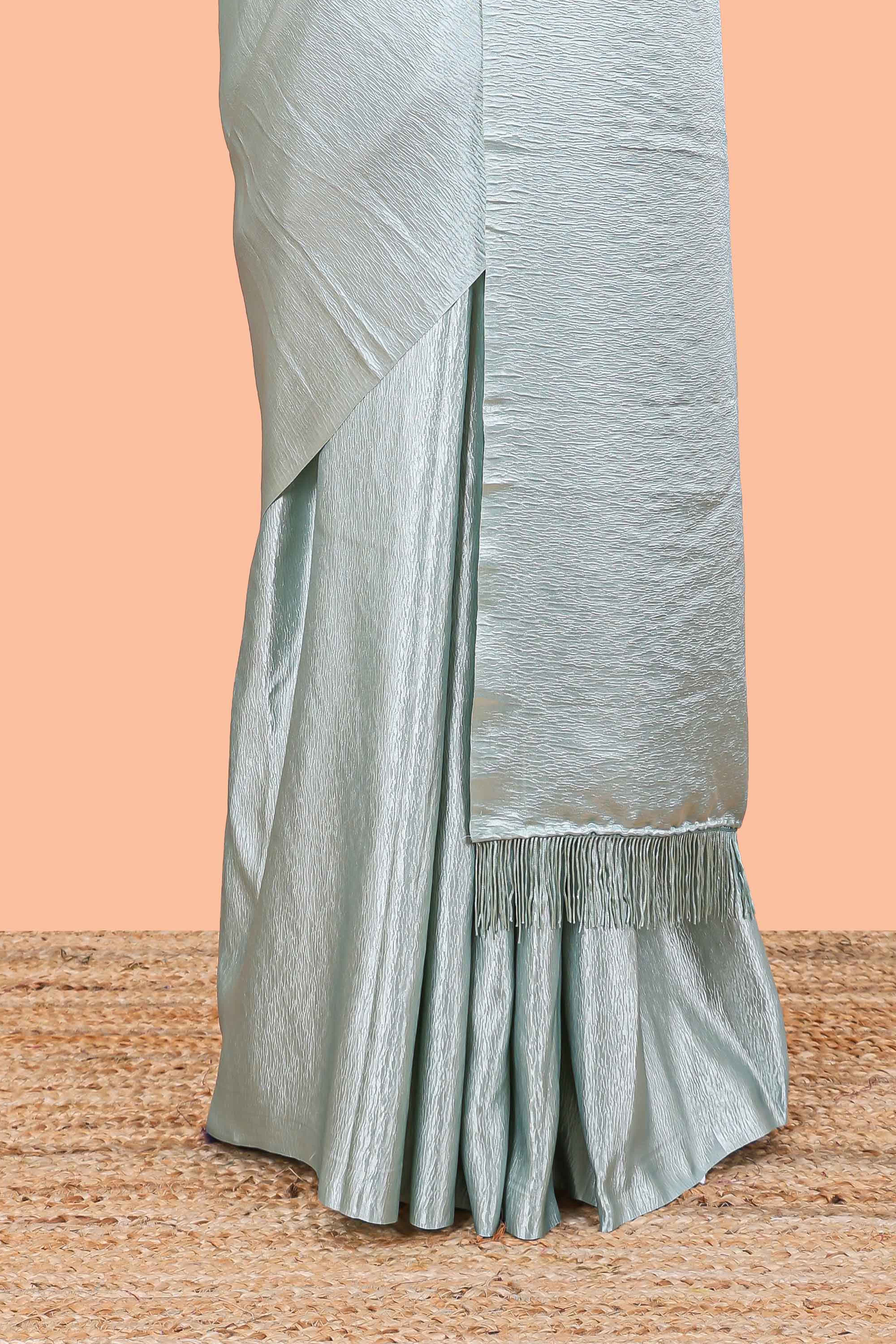 Blue satin crepe contrast blouse saree