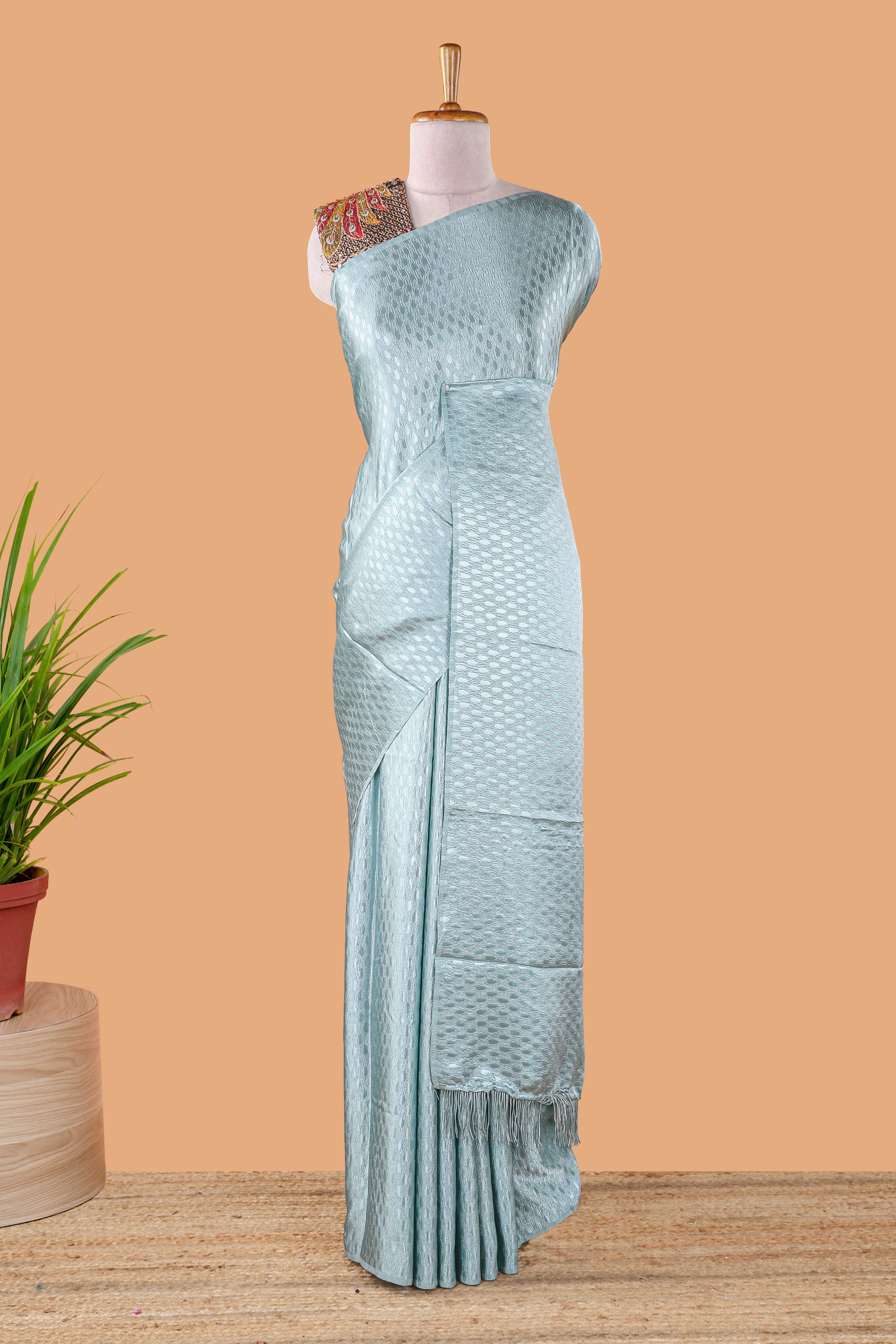 Blue satin georgette jacquard saree