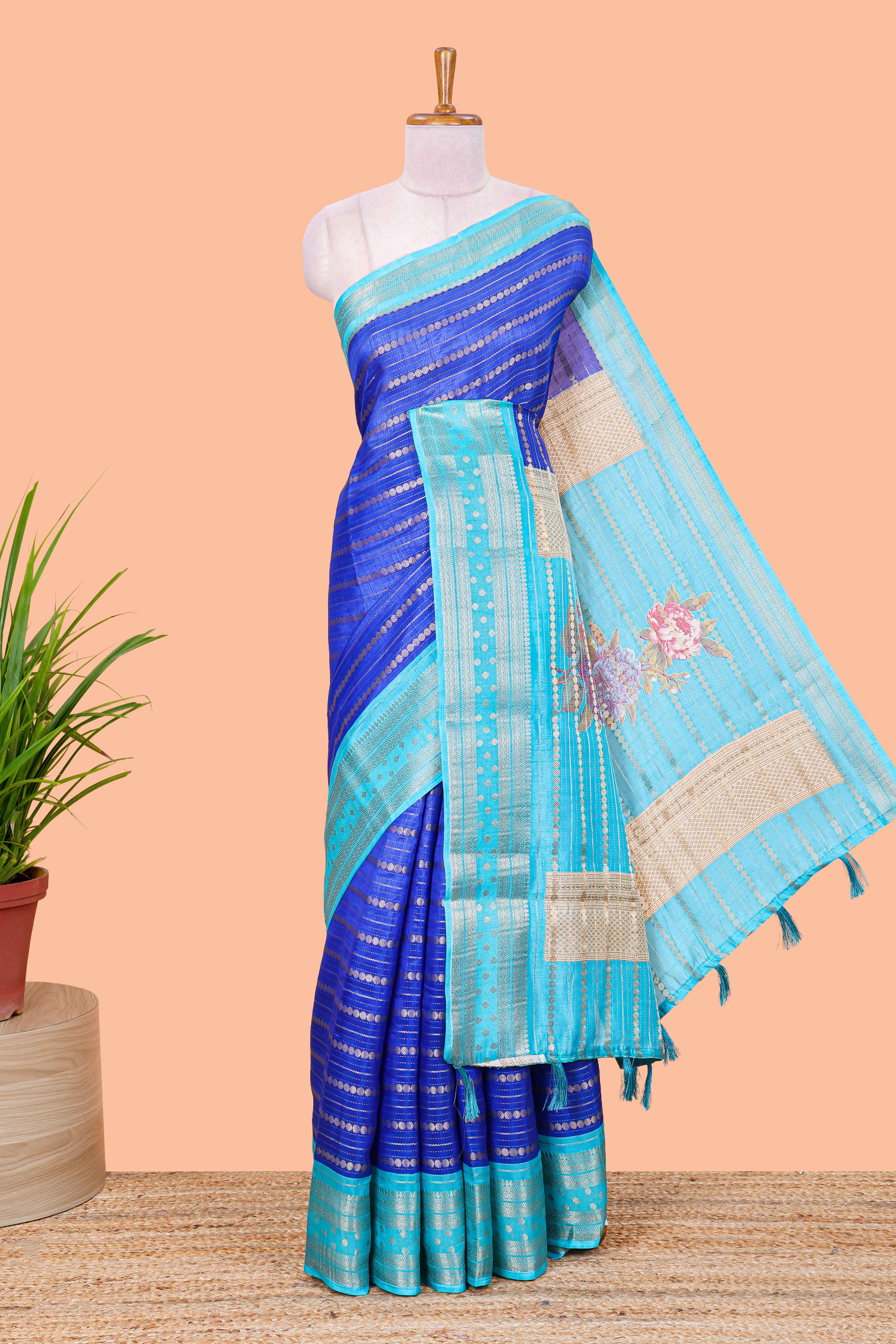 Blue semi raw silk striped saree