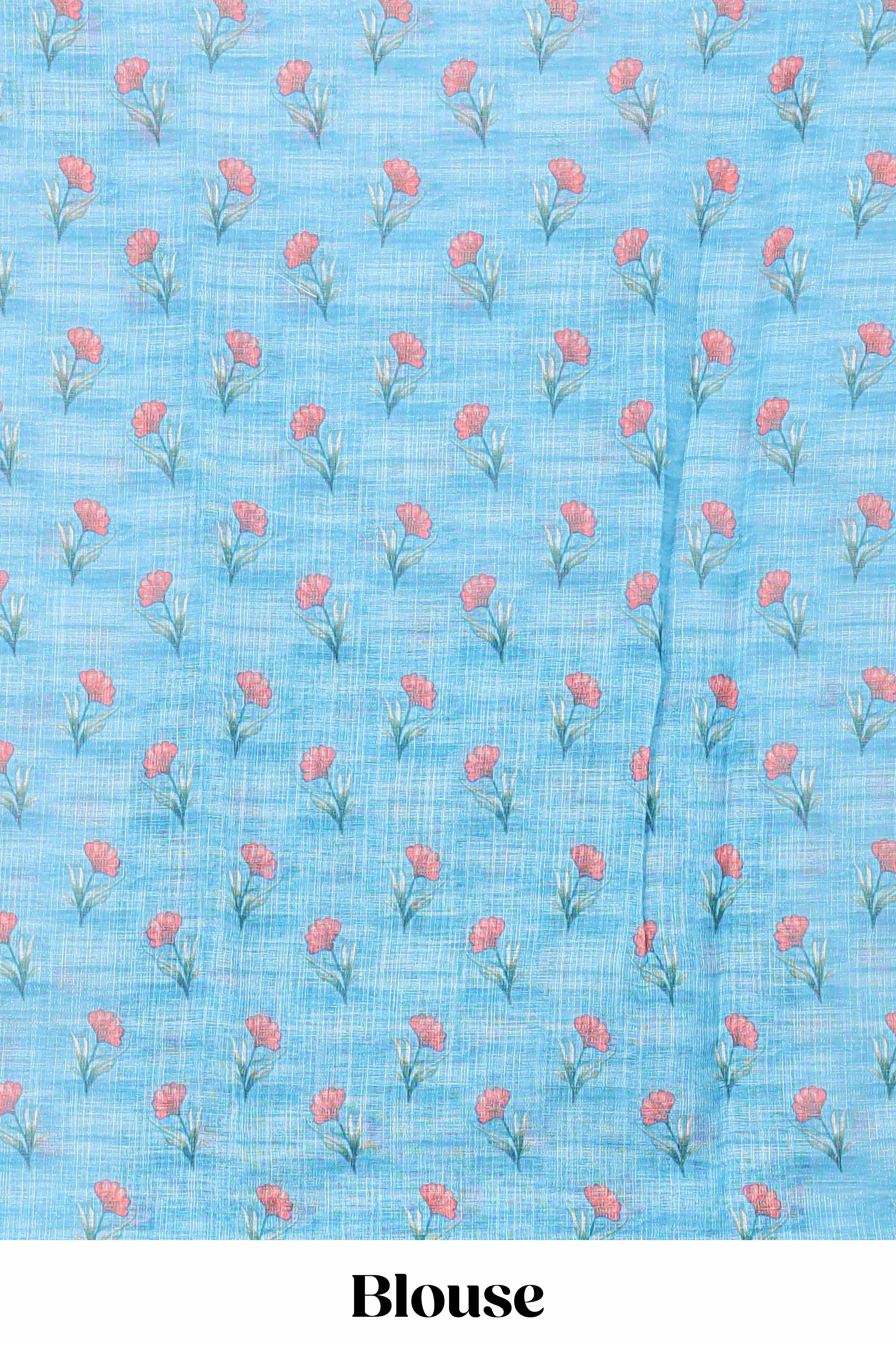 Blue traditional printed linen saree