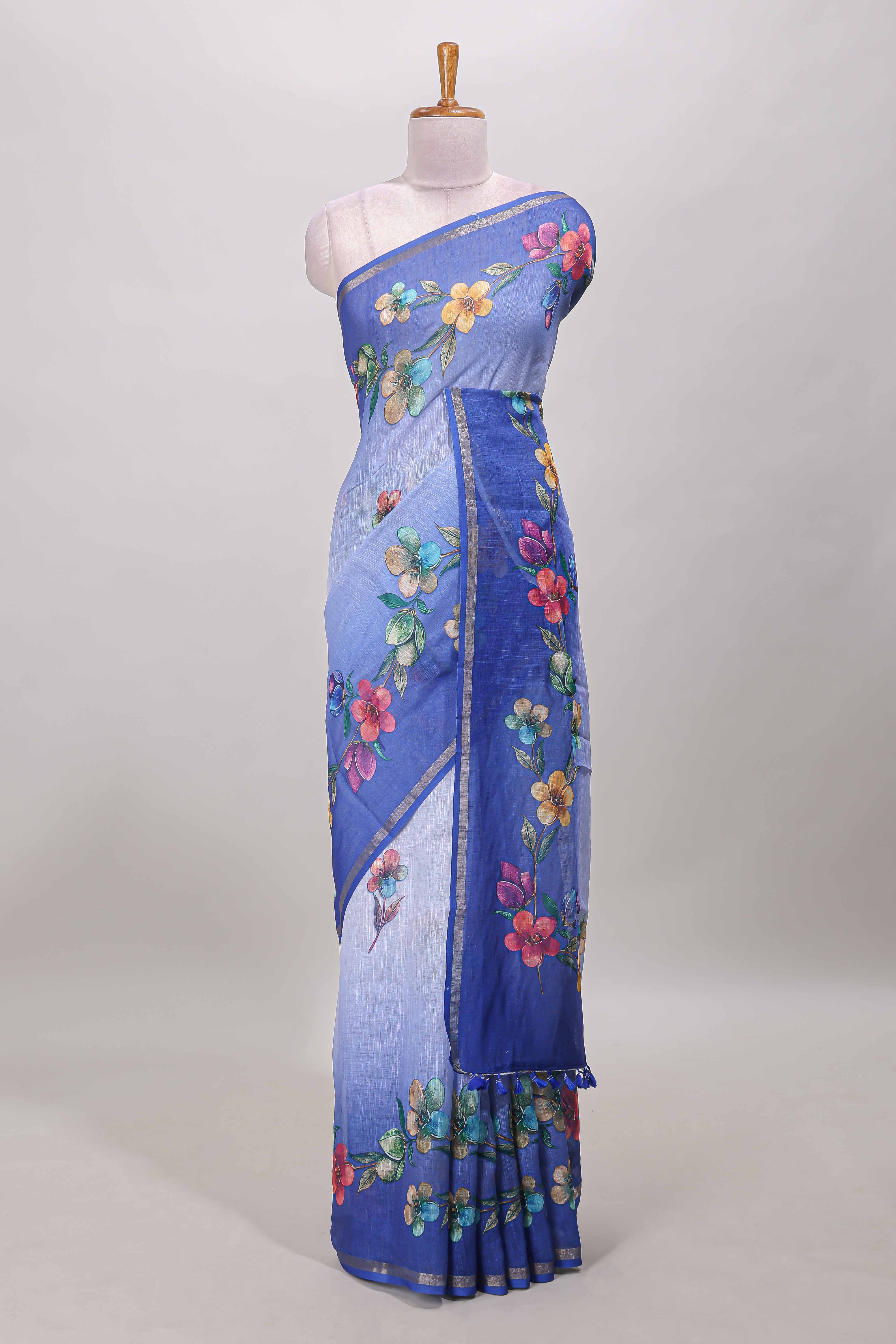 Blue vine floral design linen cotton saree