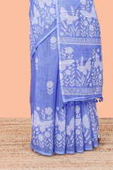 Blue woven linen floral saree