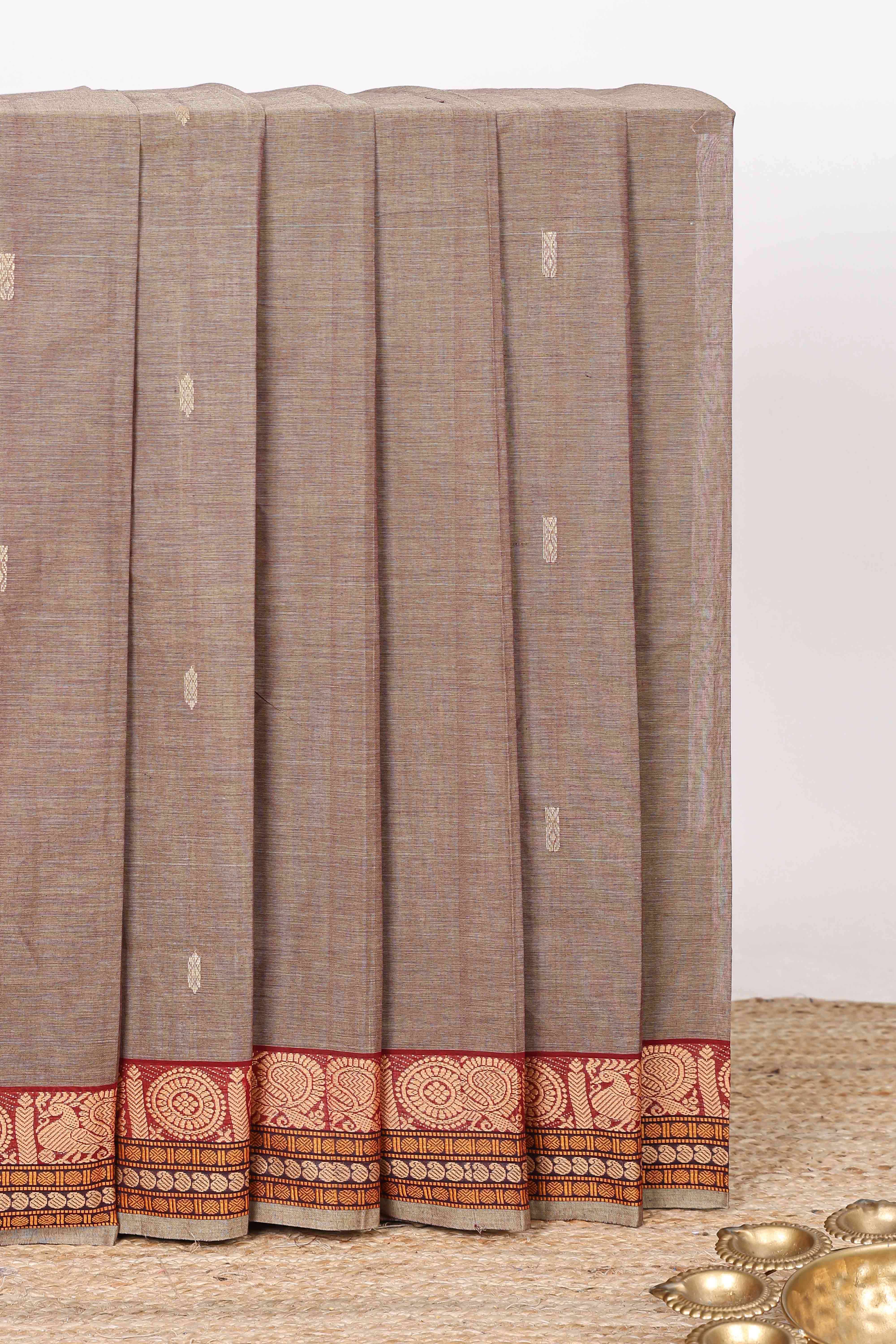 Brown checked butta chettinad cotton saree