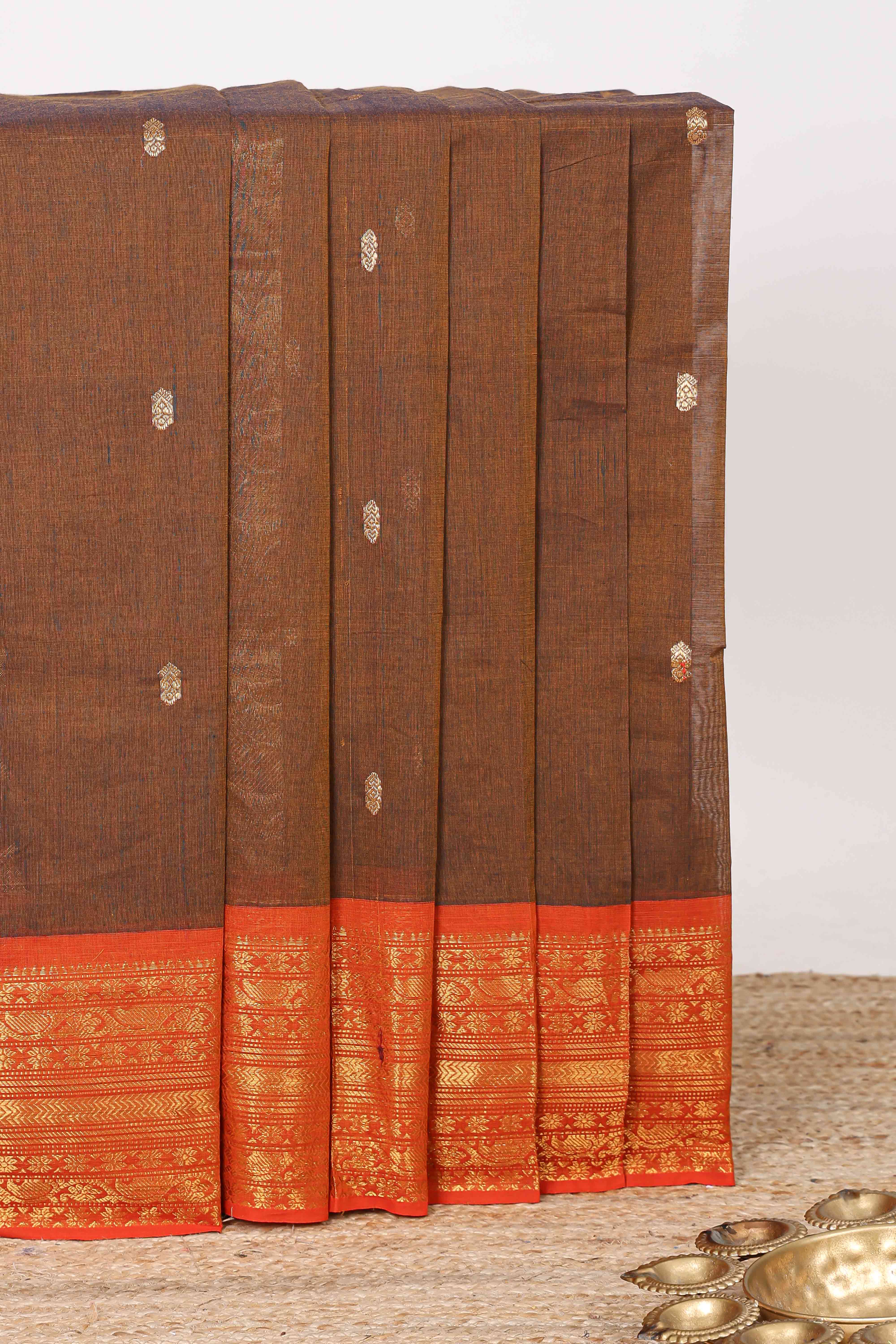 Brown floral butta chettinad cotton saree