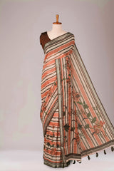 Brown peach linen weave saree