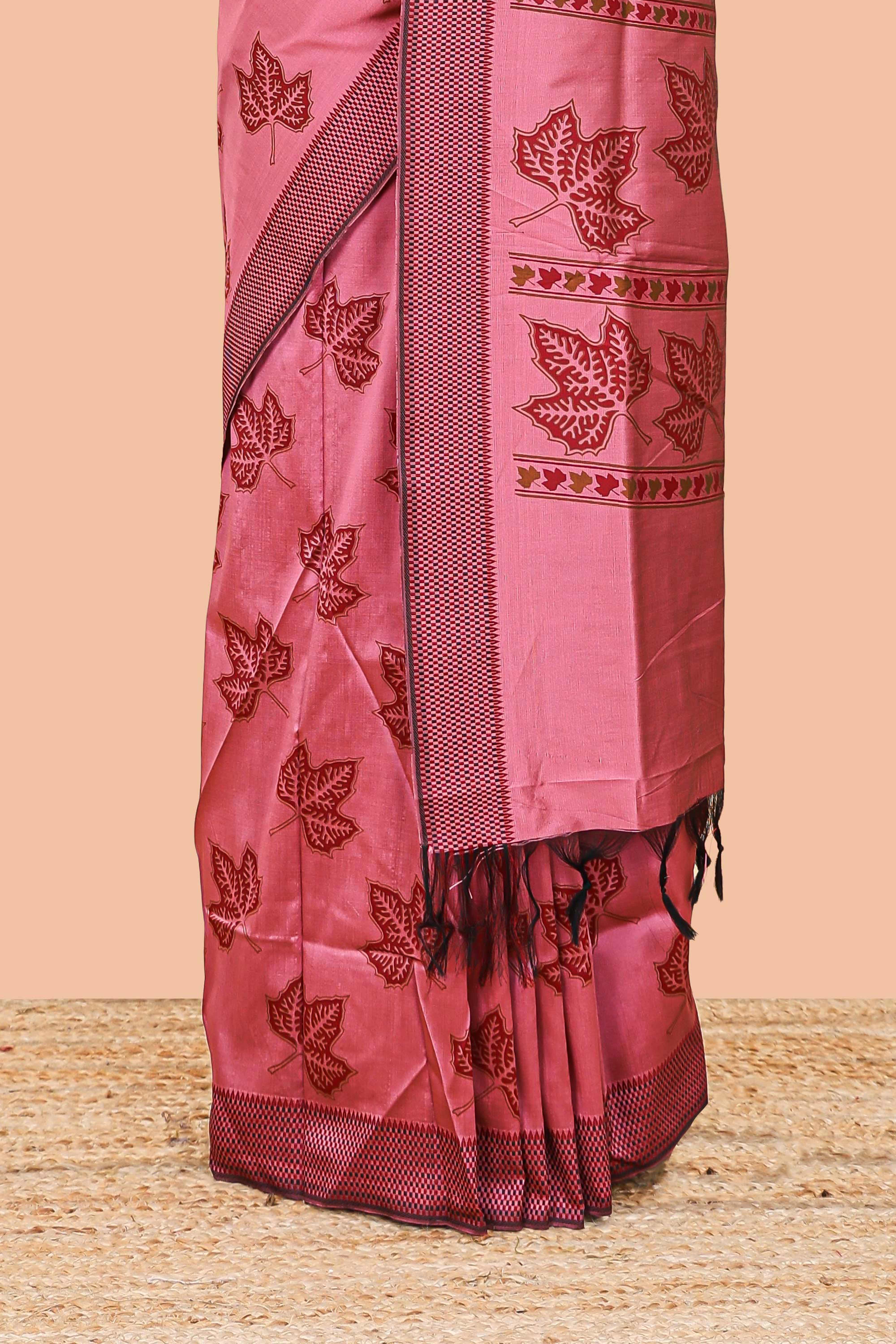 Pink leaf motifs poly cotton saree with self border and pallu