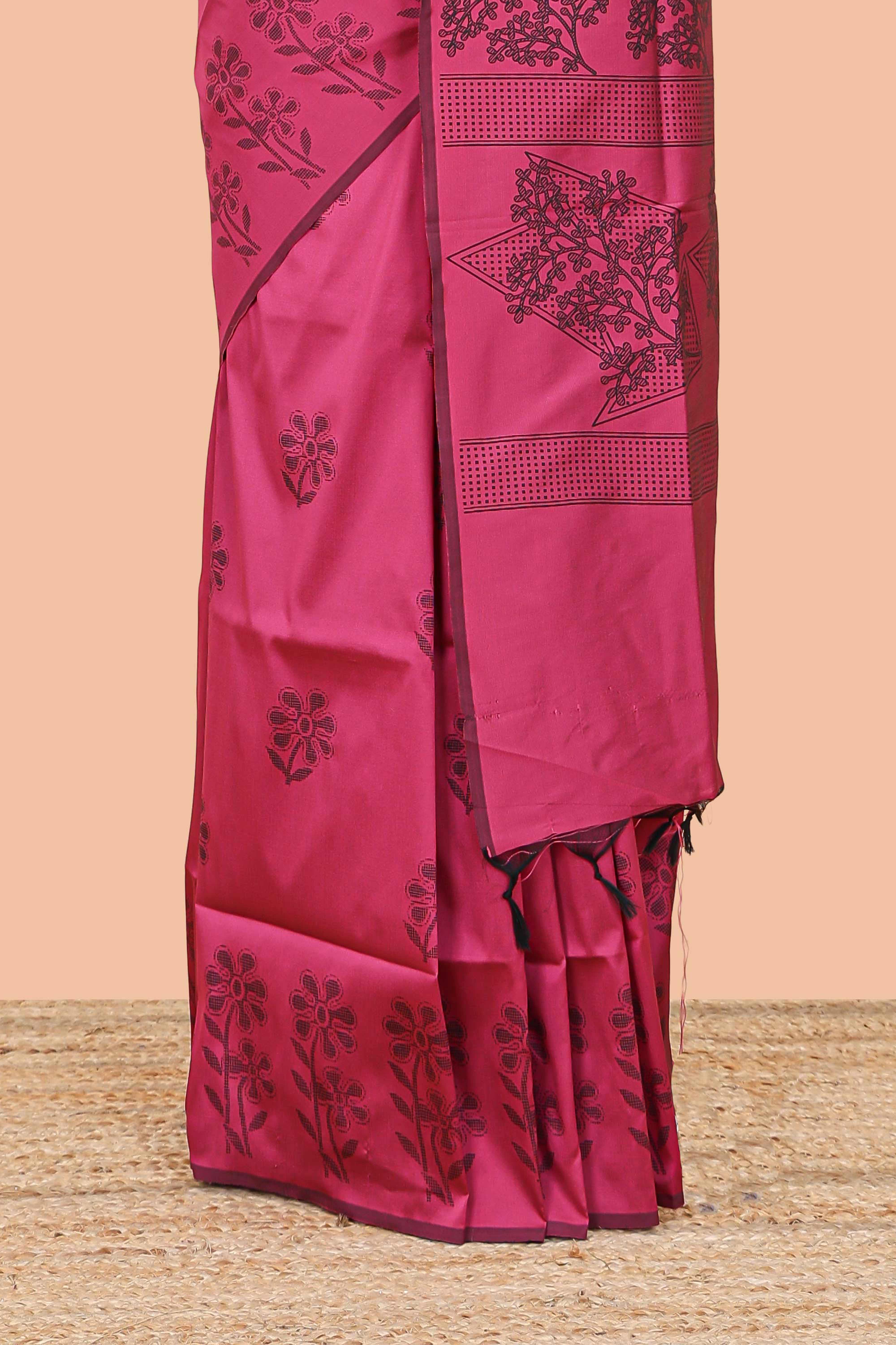 Pink floral motifs poly cotton saree with self border and pallu