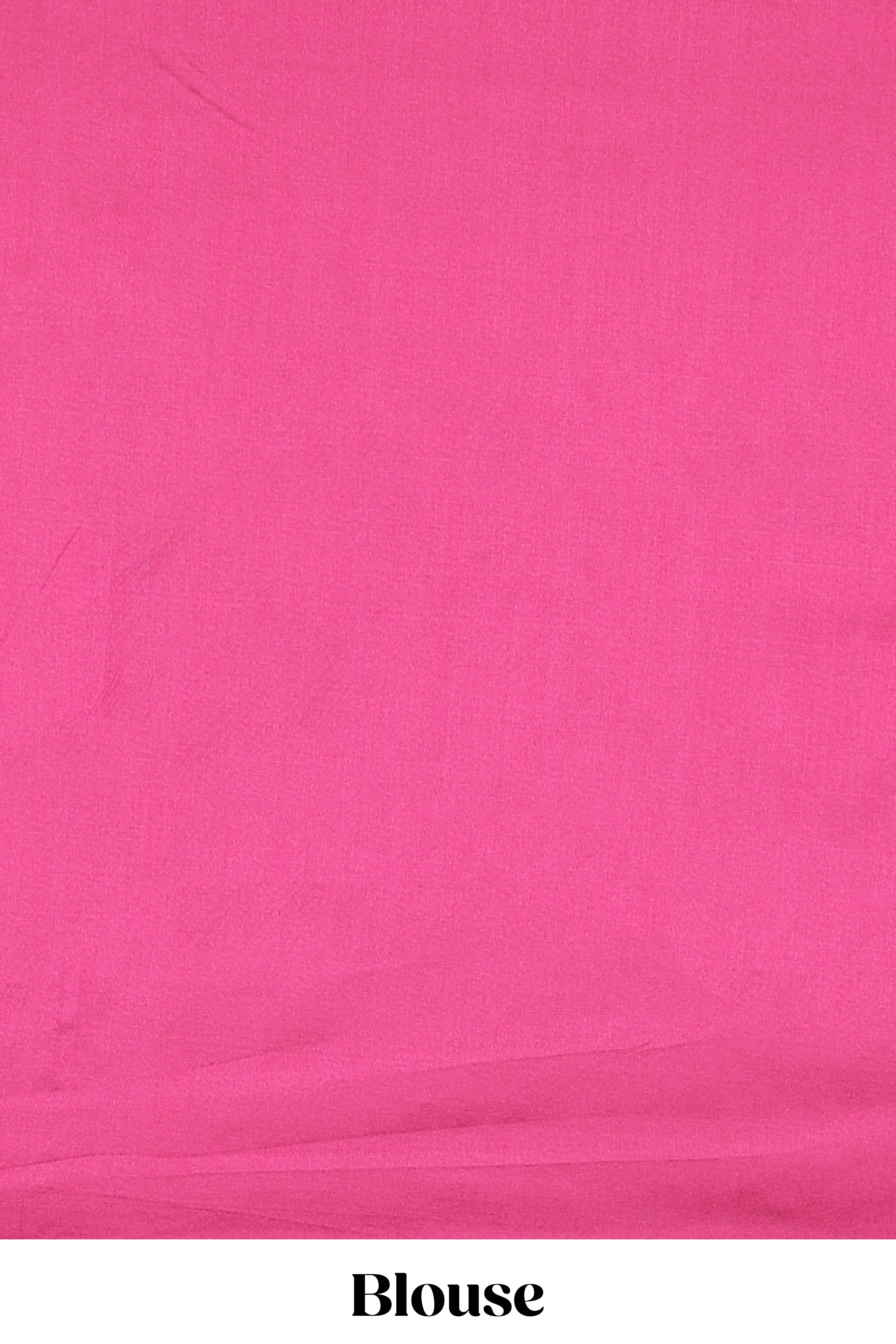 Pink floral motifs poly cotton saree with self border and pallu