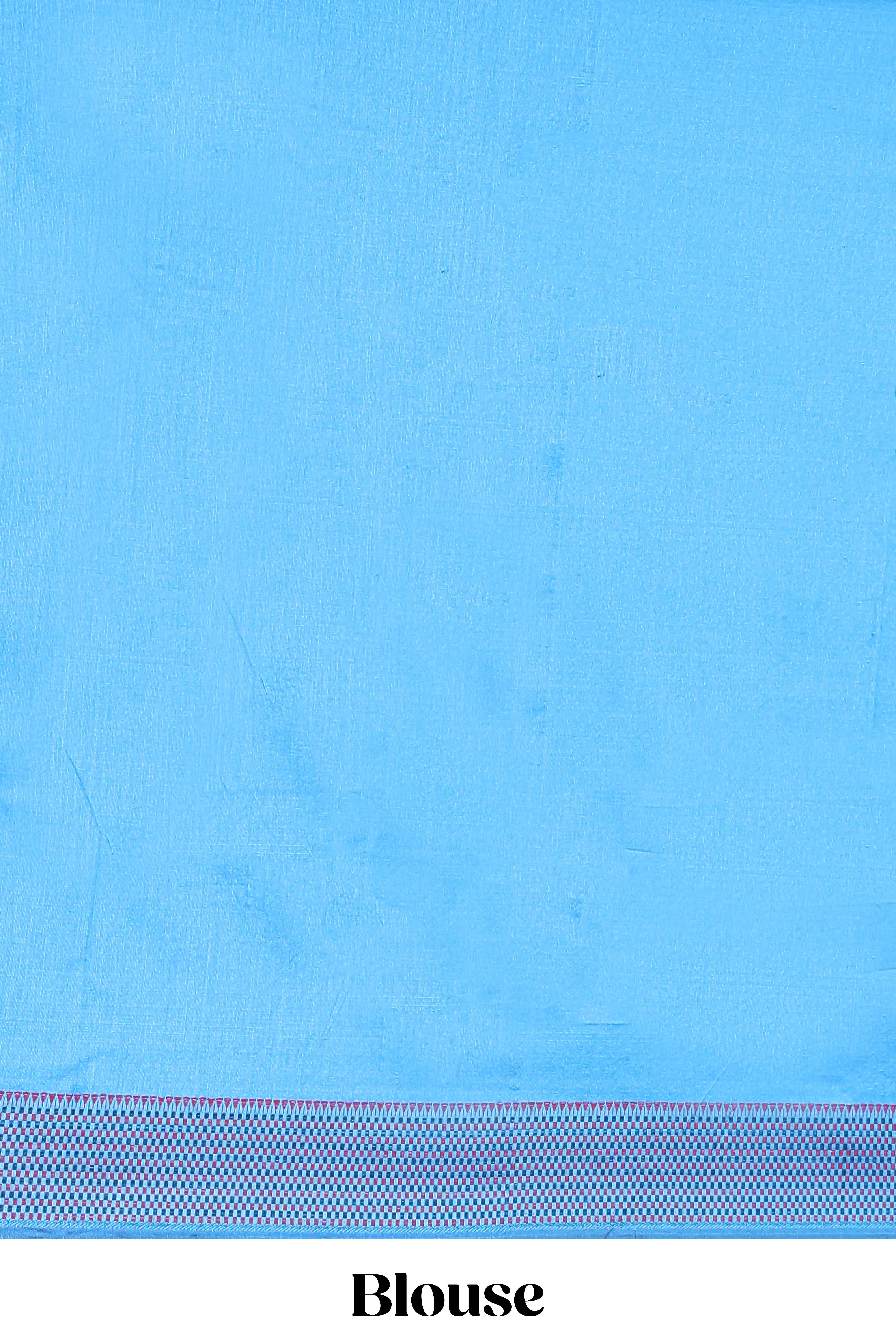 Blue leaf motifs poly cotton saree with self border and pallu