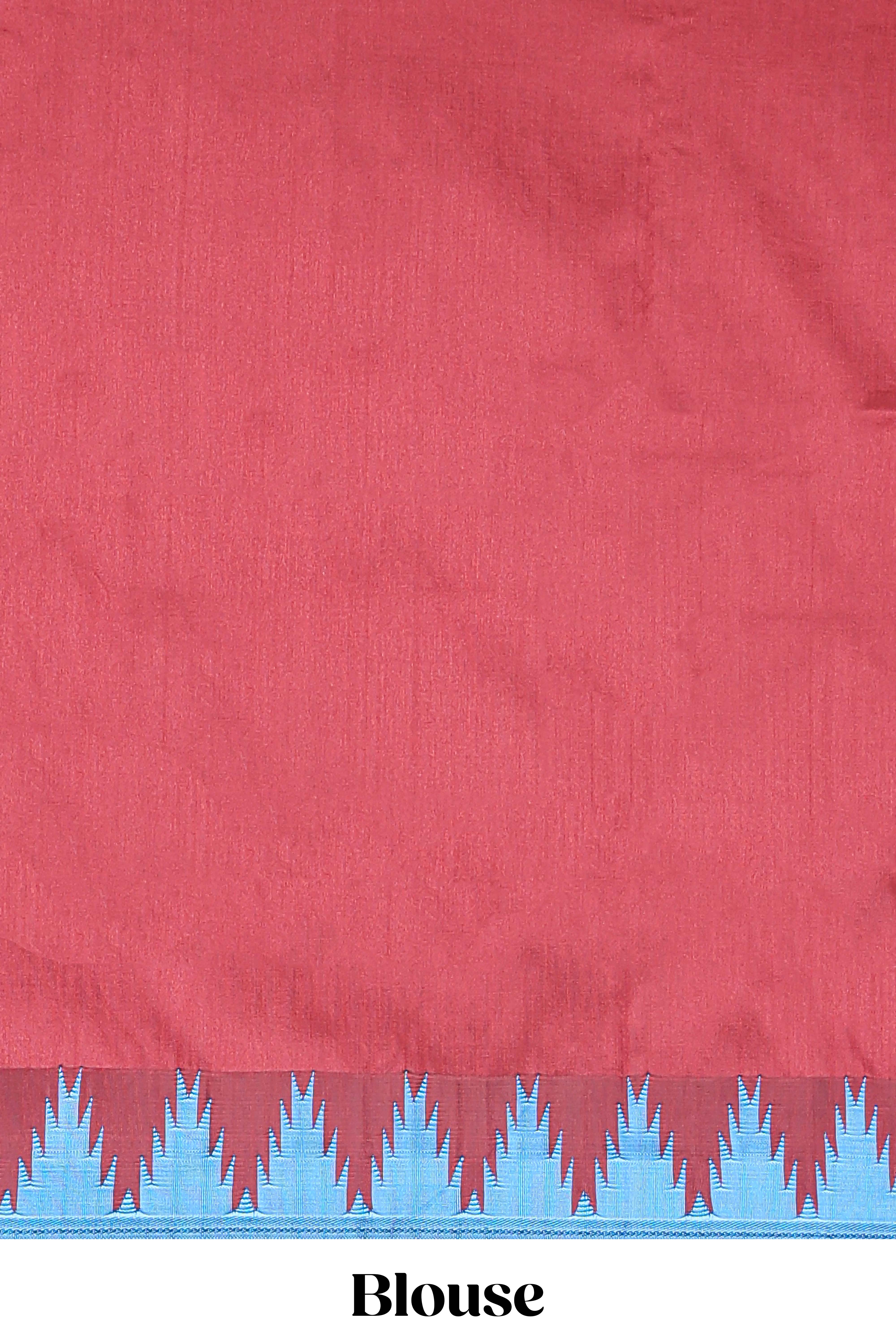 Blue plain poly cotton saree with contrast pallu and geometric border