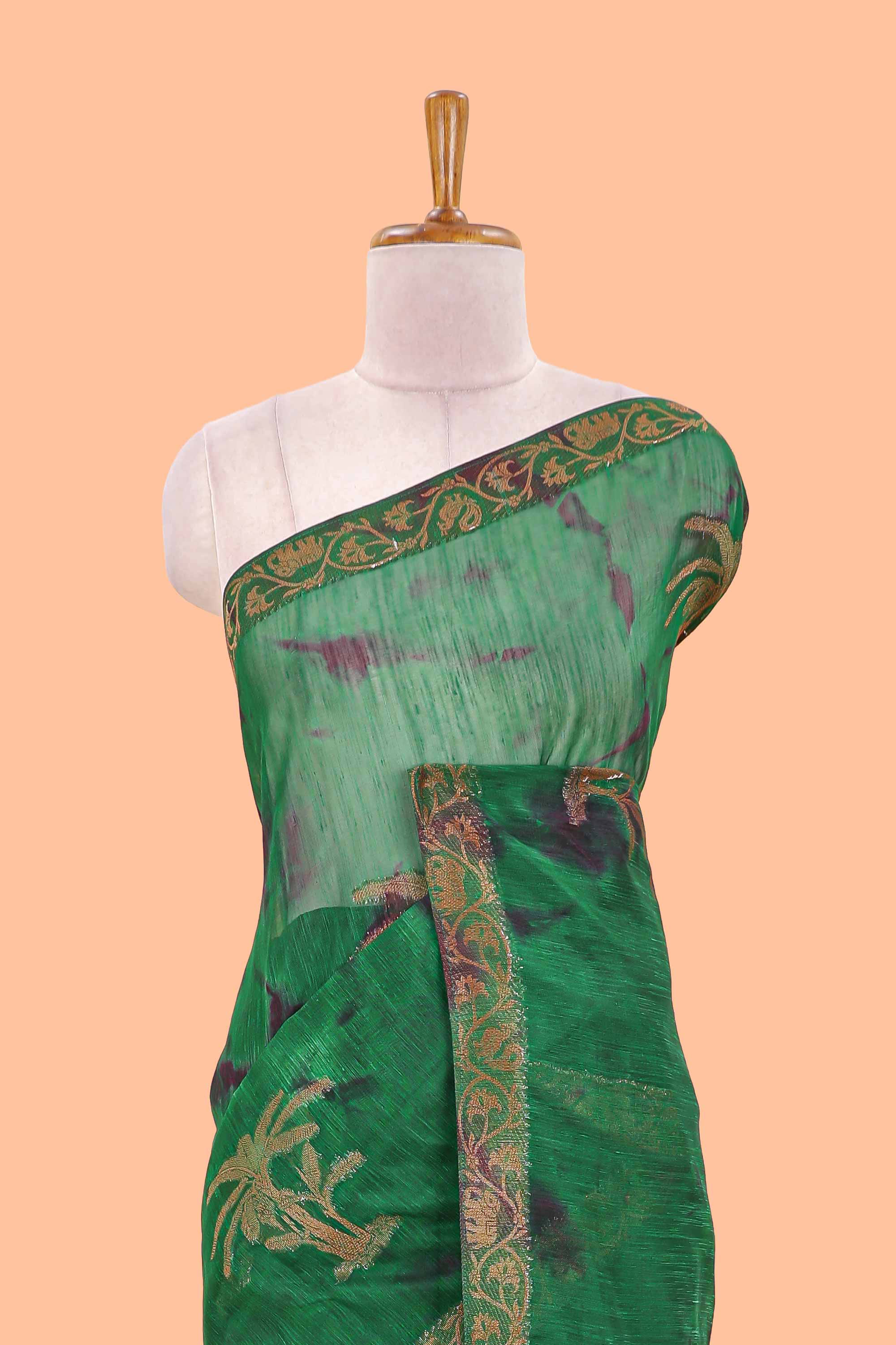 Green and black tie and dye jute cotton saree with self zari border and blouse