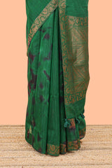 Green and black tie and dye jute cotton saree with self zari border and blouse