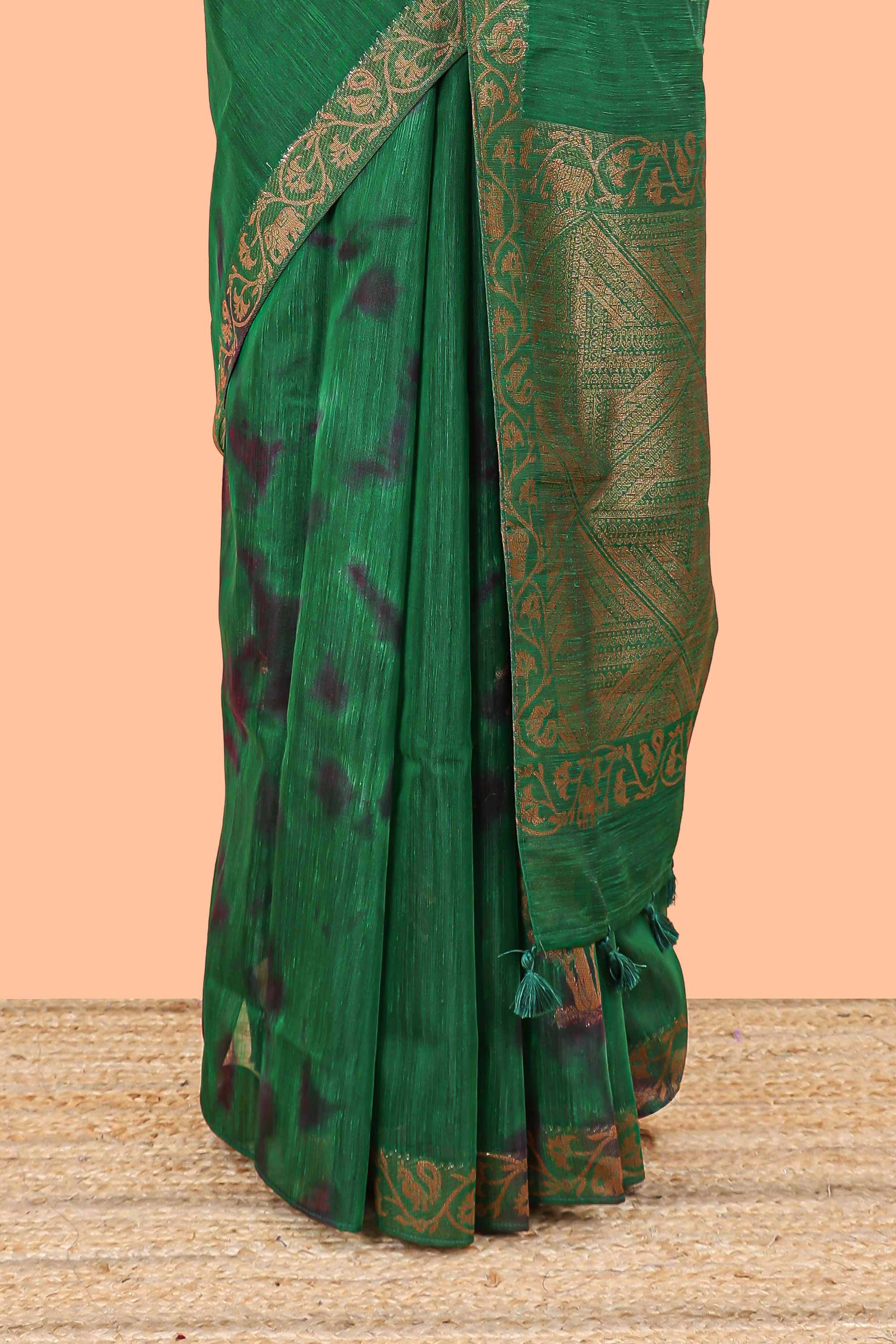 Green and black tie and dye jute cotton saree with self zari border and blouse