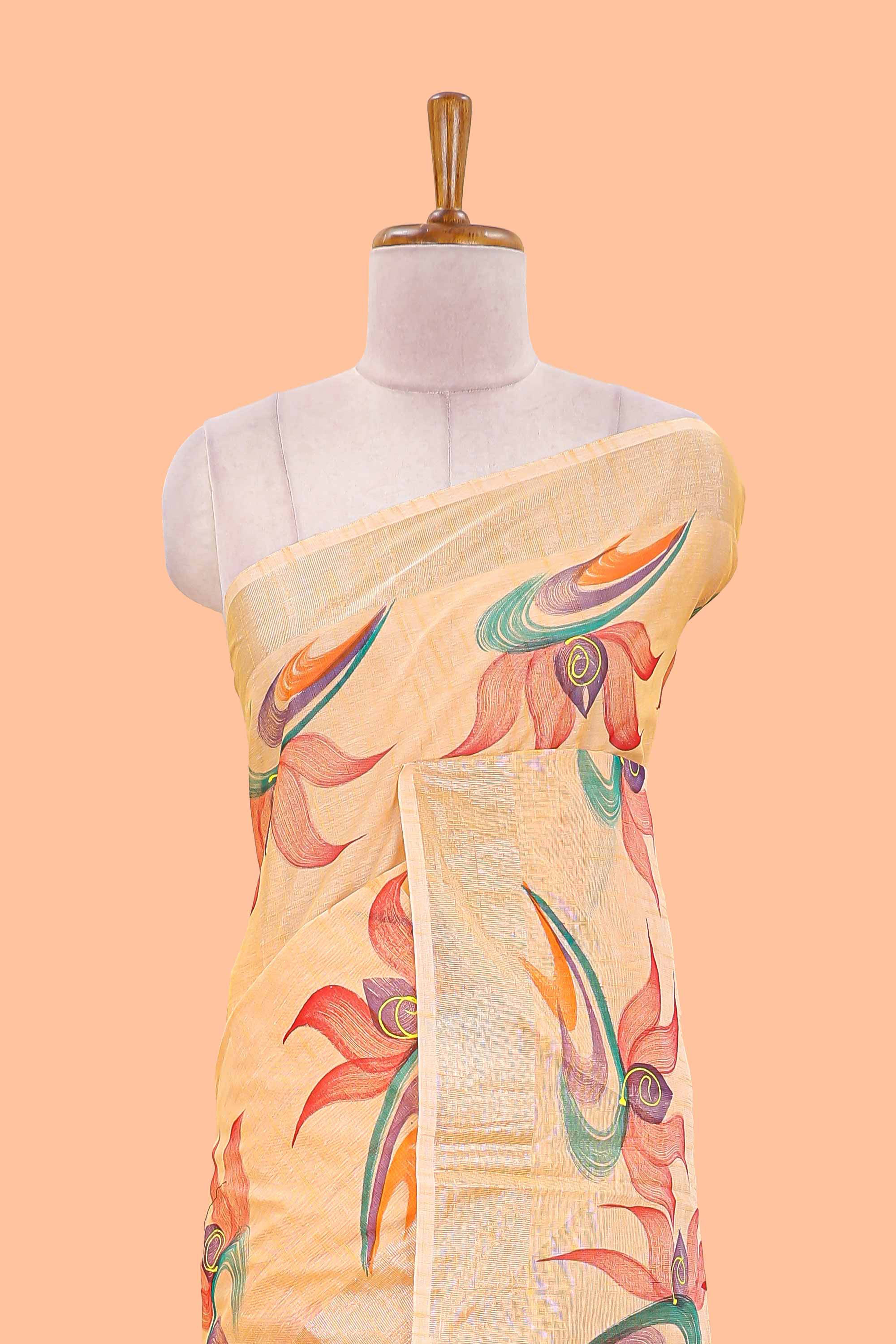 Pastel orange floral design jute cotton saree with self striped zari border and blouse