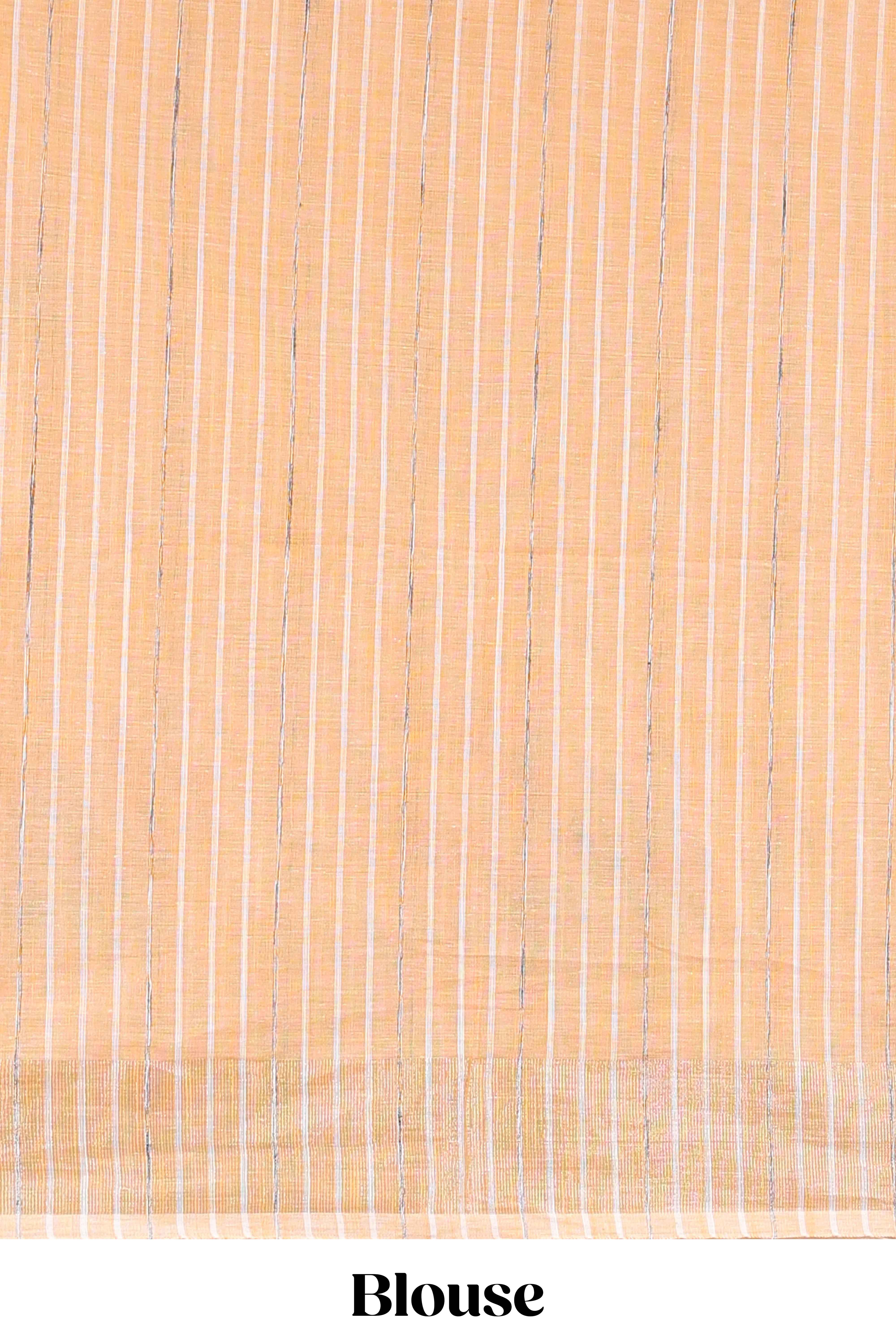 Pastel orange floral design jute cotton saree with self striped zari border and blouse