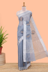 Blue jute cotton saree leaf motifs with zari border and pallu