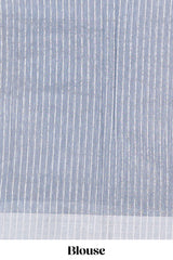 Blue jute cotton saree leaf motifs with zari border and pallu