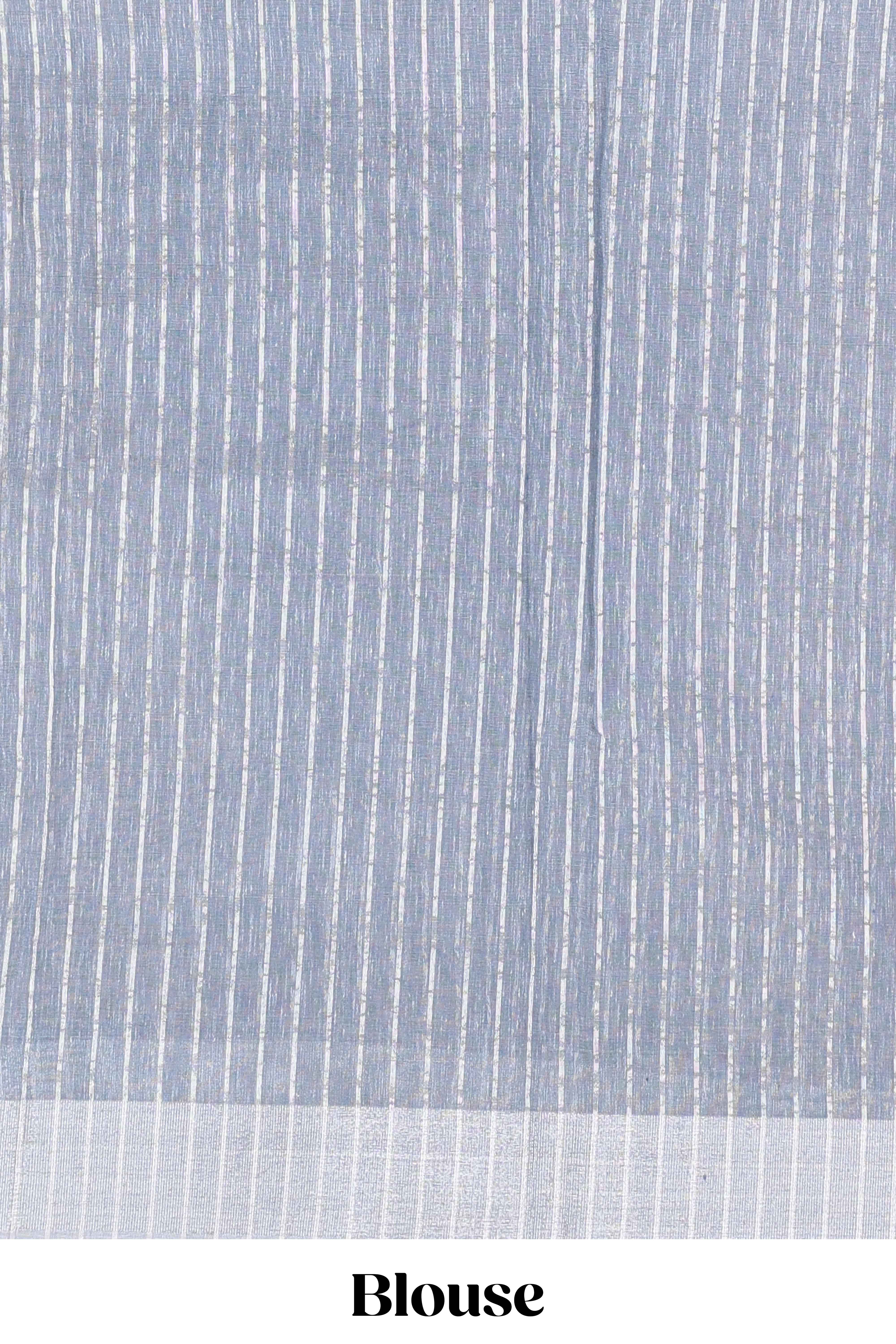 Blue jute cotton saree leaf motifs with zari border and pallu