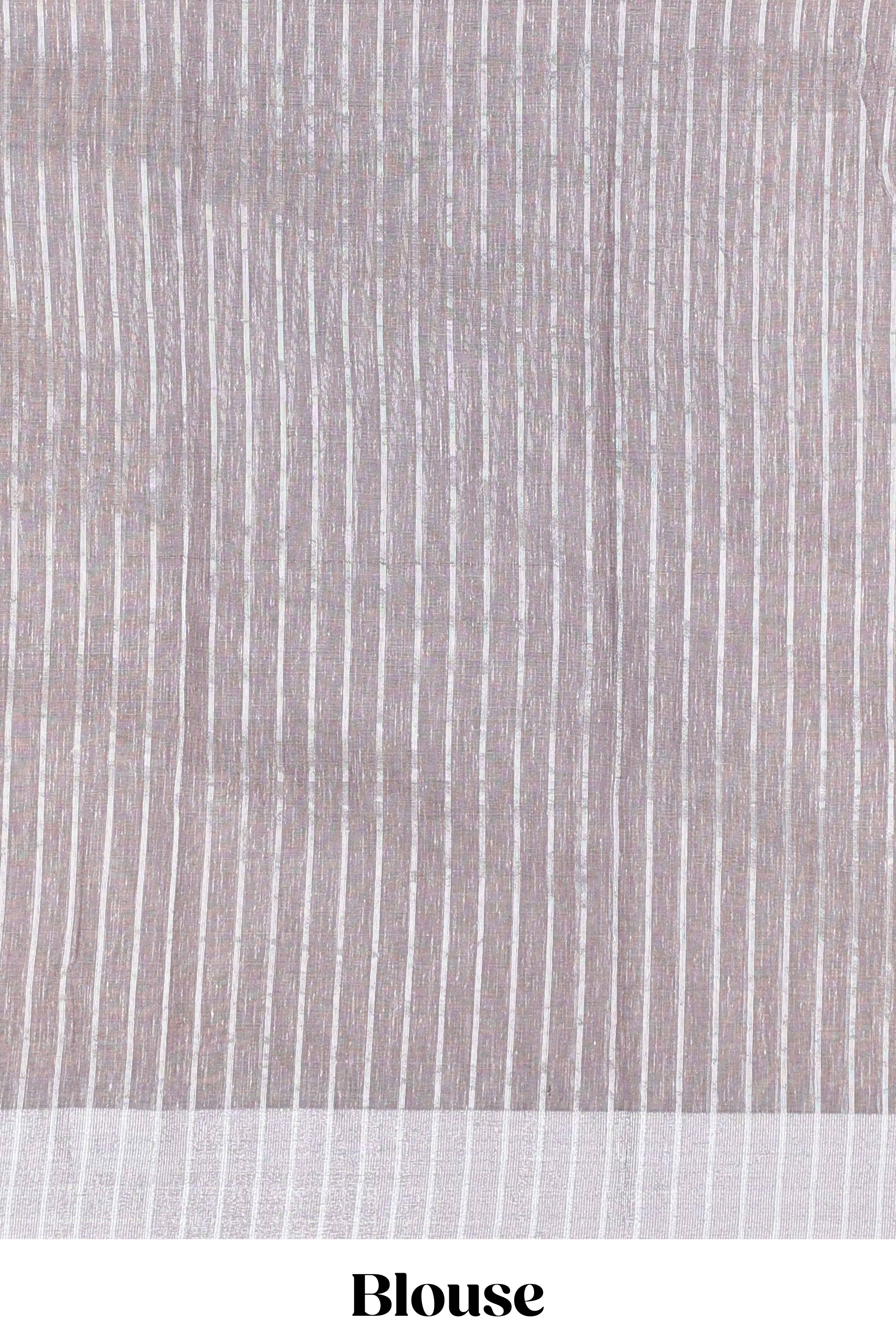 Grey jute cotton saree leaf motifs with zari border and pallu