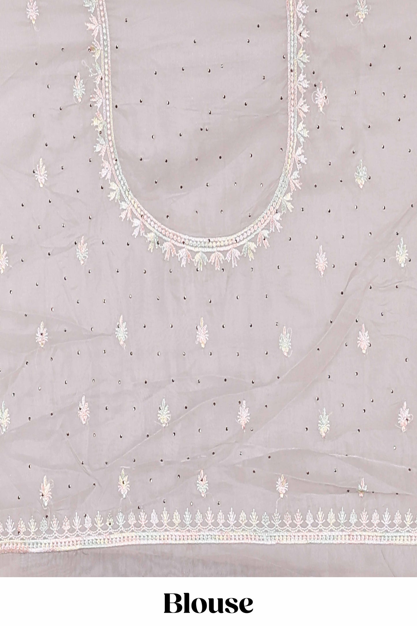 Grey organza crush saree with leaf embroidery design, self pallu and blouse