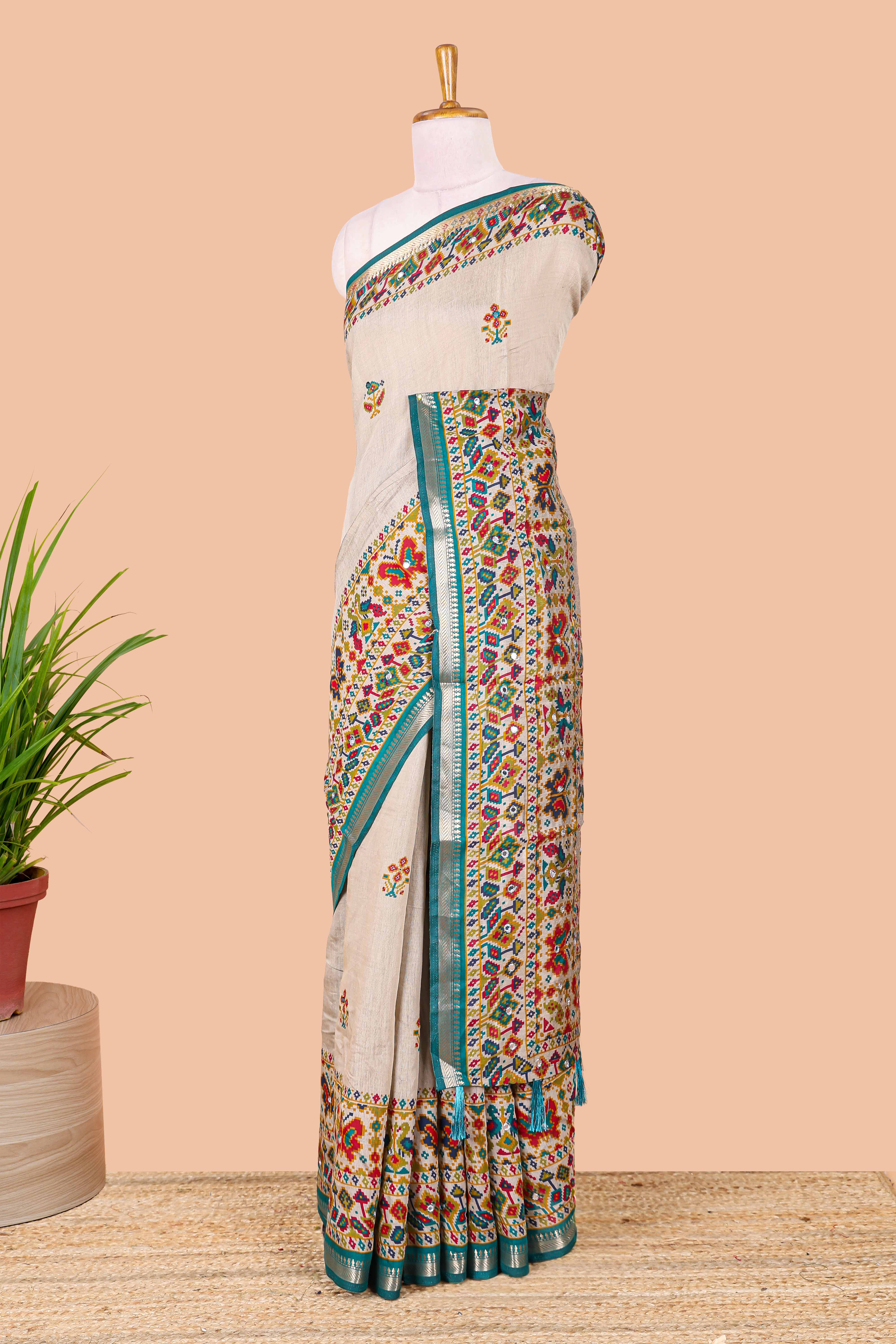 Cream chanderi cotton saree