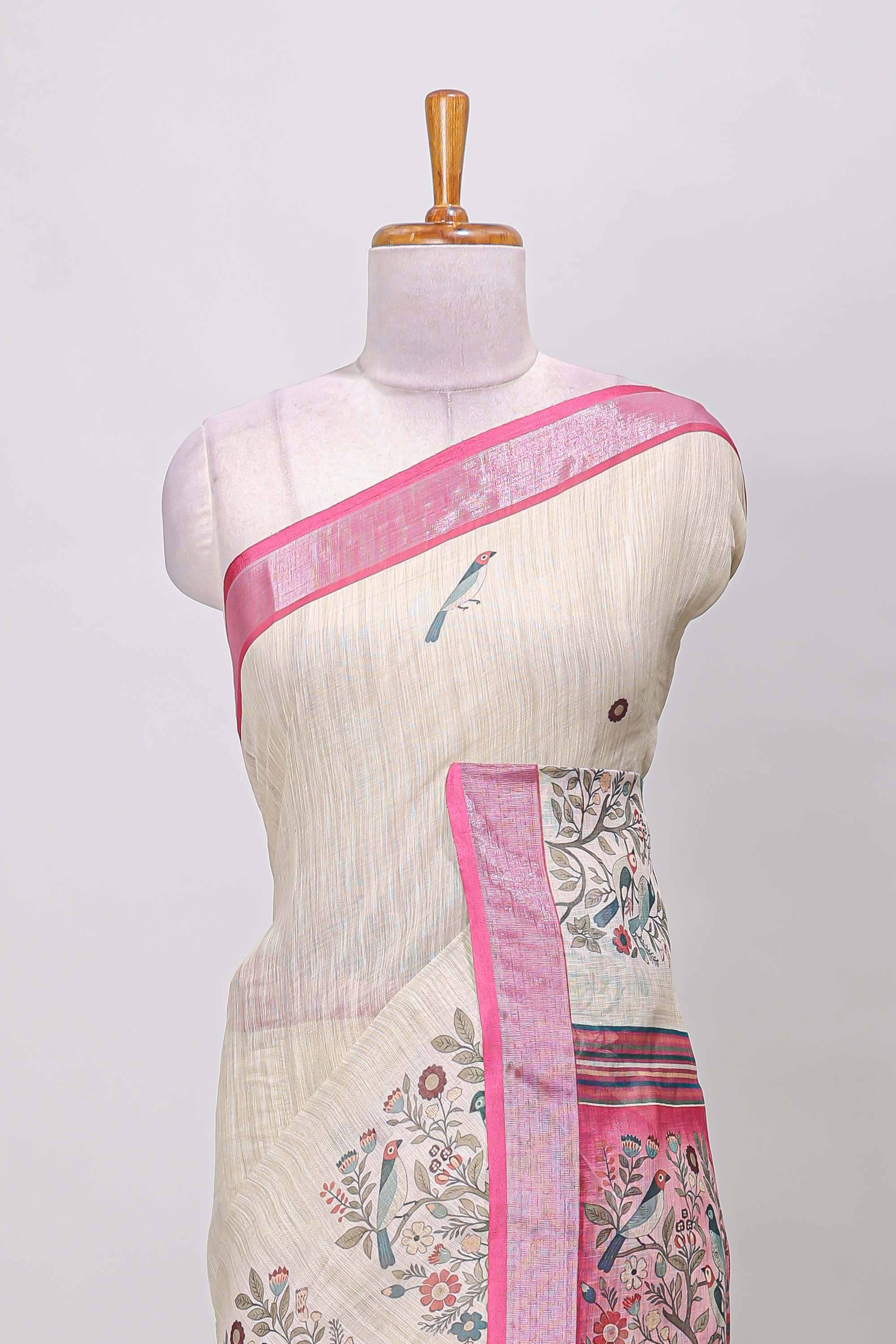Cream festive printed saree