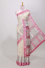 Cream linen cotton floral saree